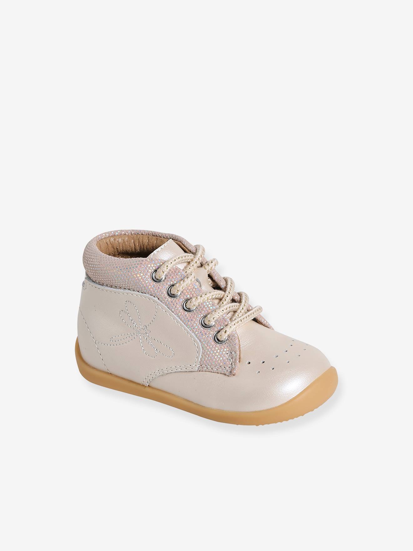 Bottillons lacés cuir souple bébé premiers pas beige irisé