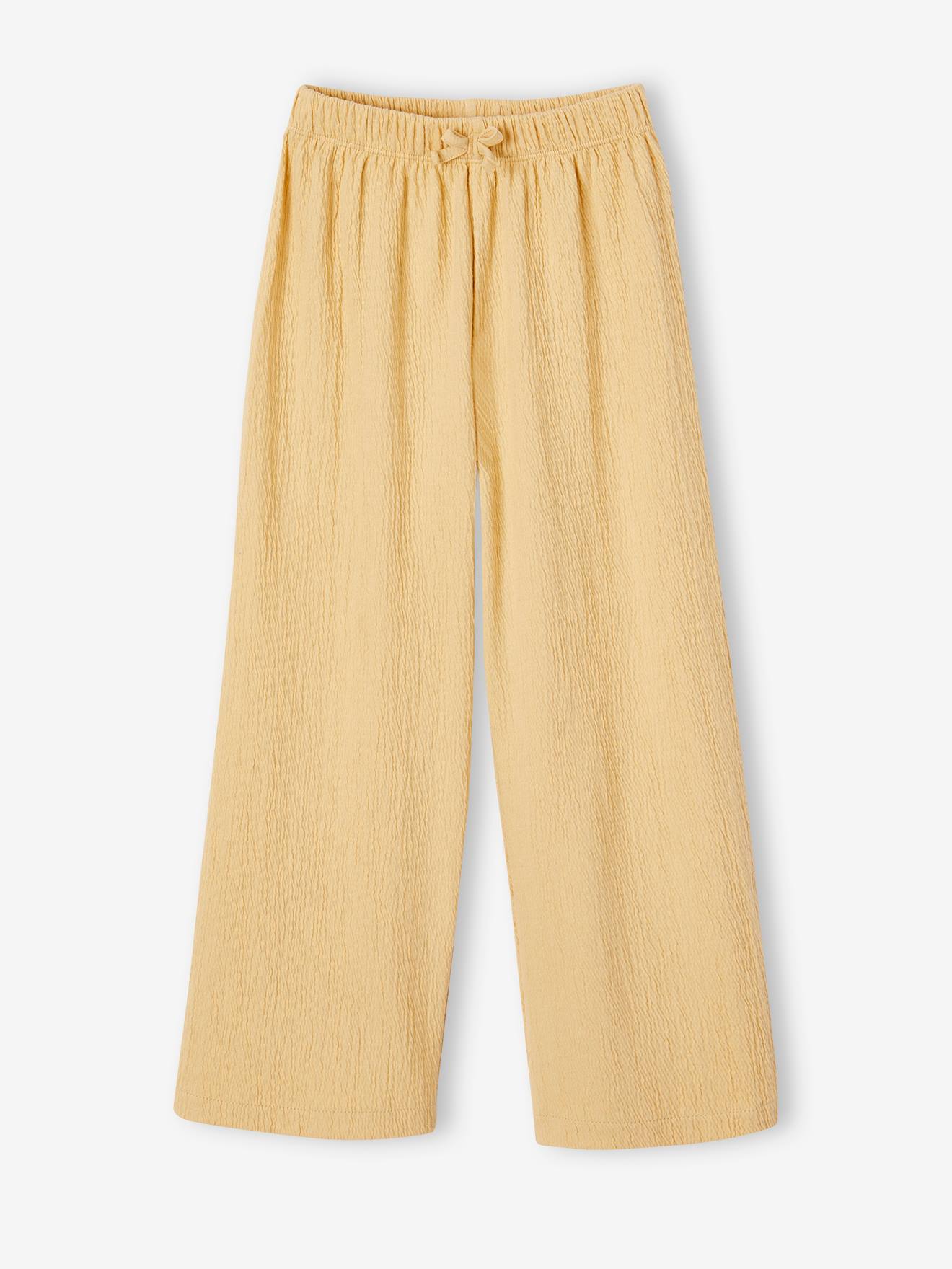Pantalon large effet gaufré fille jaune pâle