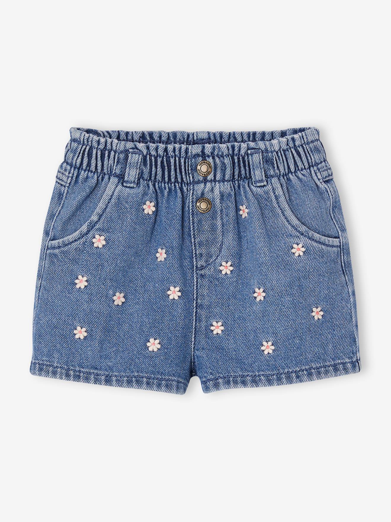 Short en denim bébé broderie marguerites stone