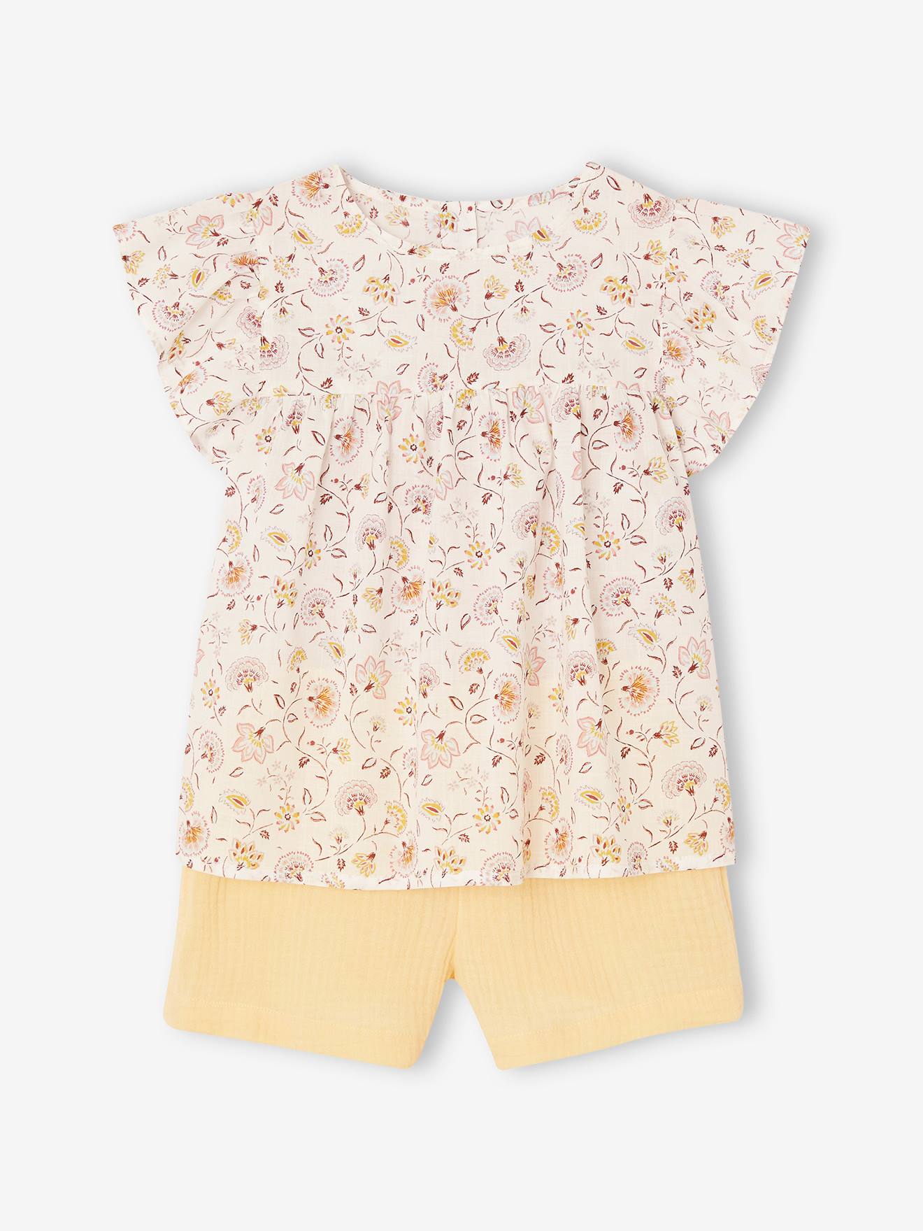 Ensemble blouse à fleurs et short en gaze de coton fille jaune pastel