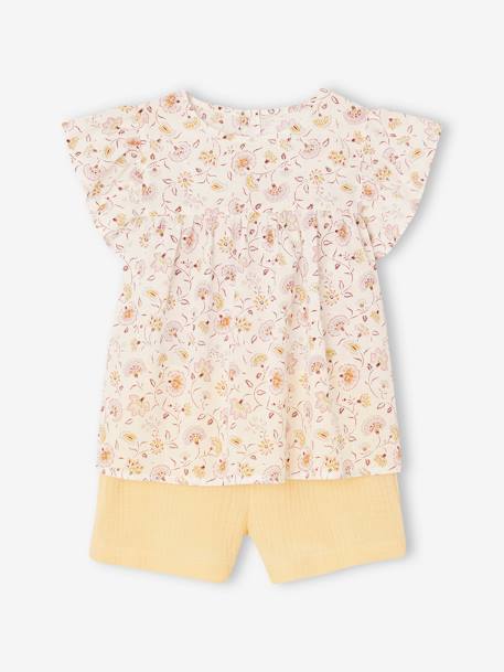 Fille-Ensemble-Ensemble blouse imprimée et short en gaze de coton fille