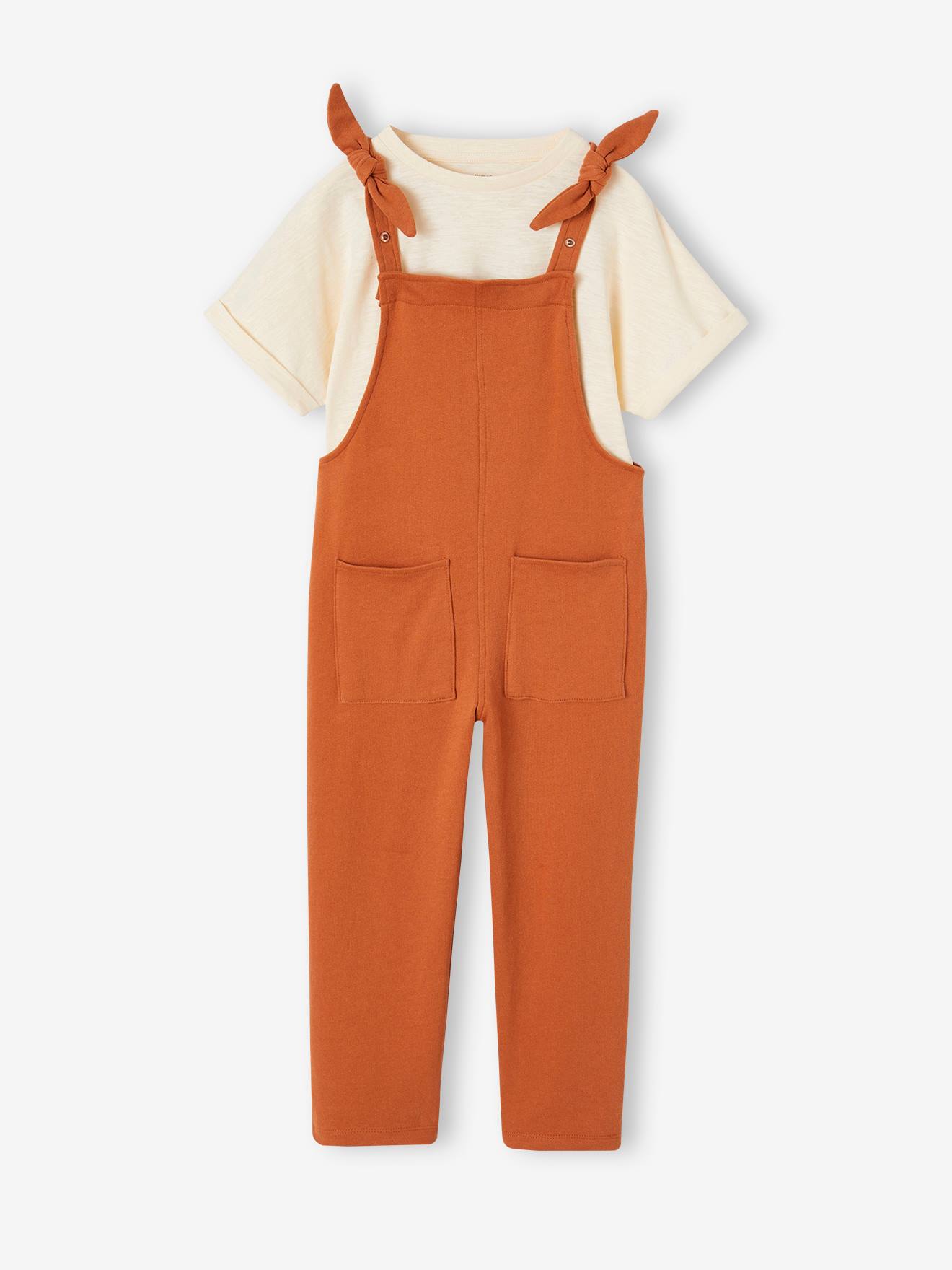 Ensemble t-shirt + salopette en molleton fille caramel