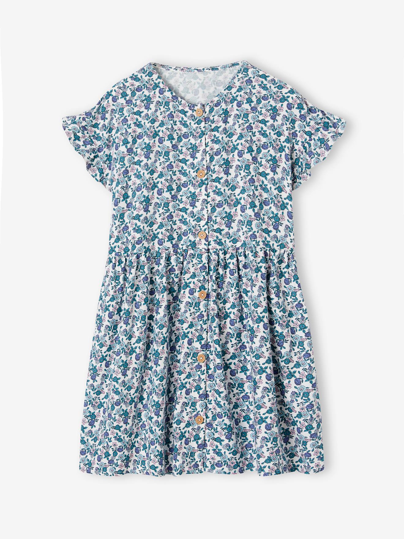 Robe boutonnée à fleurs fille bleu