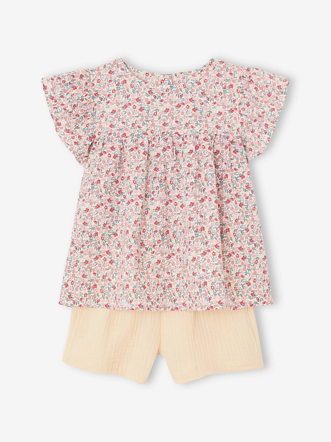 Ensemble blouse à fleurs et short en gaze de coton fille vanille