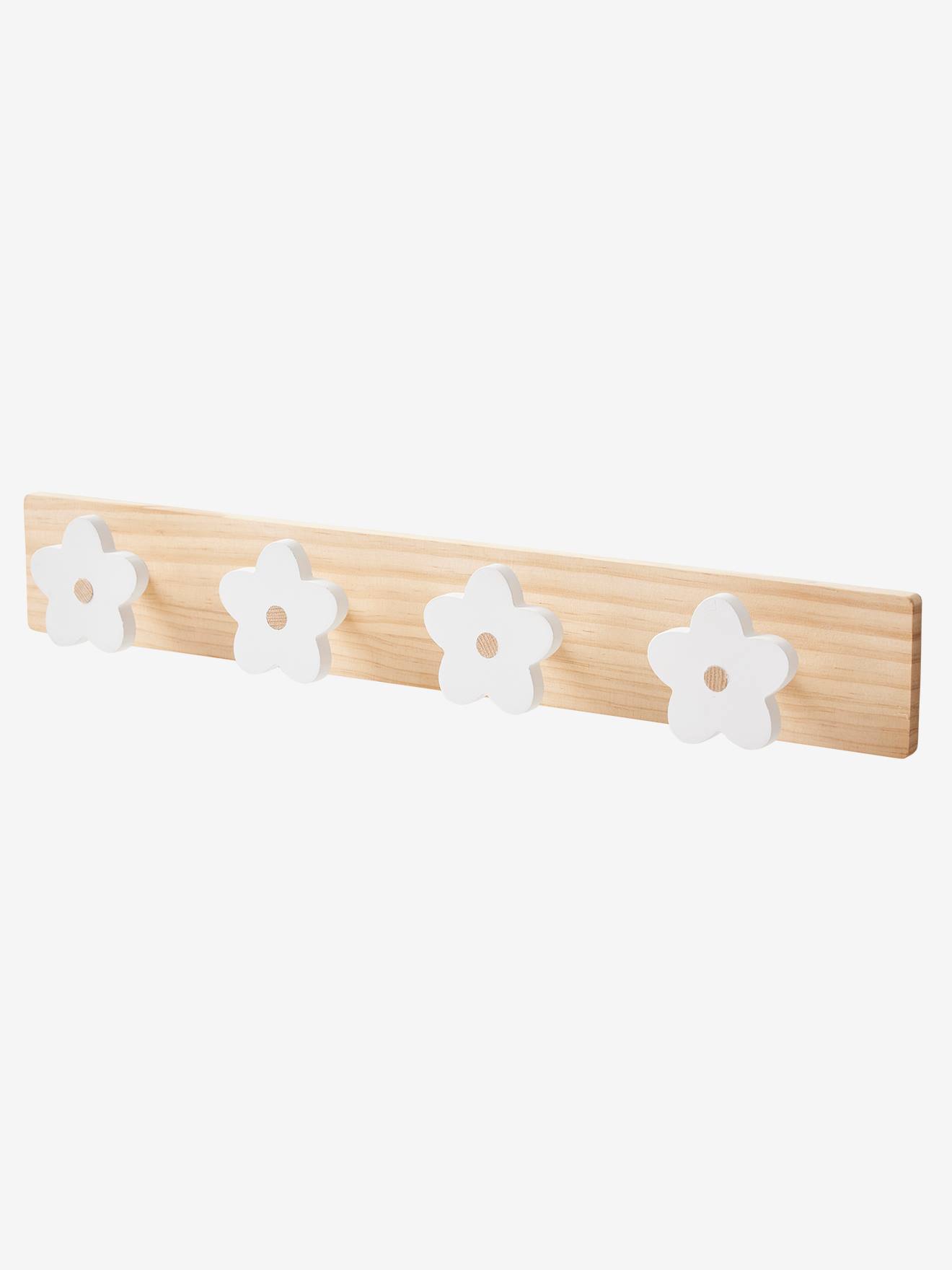 Patère en bois avec 4 fleurs blanc