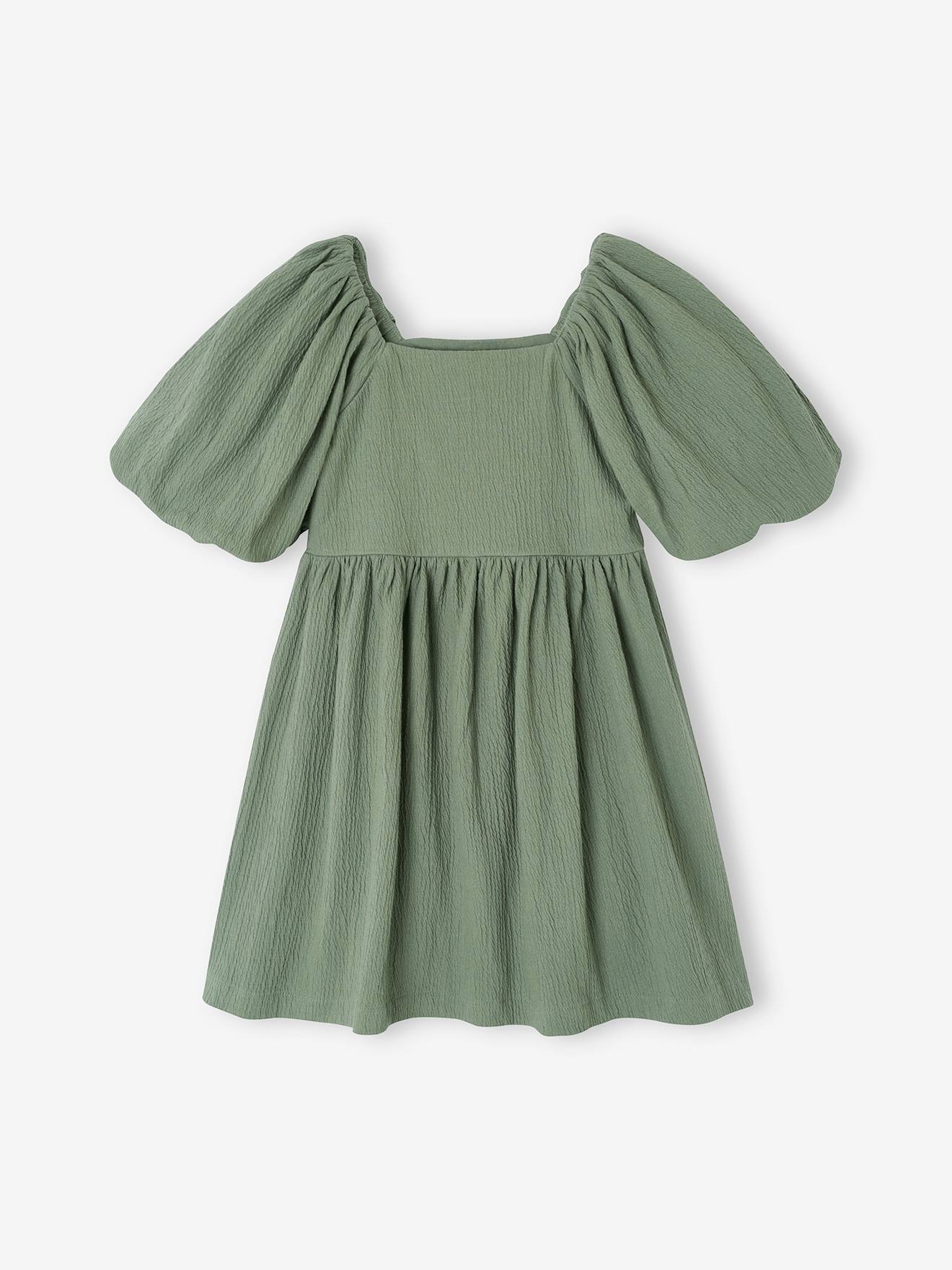 Robe cérémonie smocks au dos fille en tissu reliéfé vert sauge