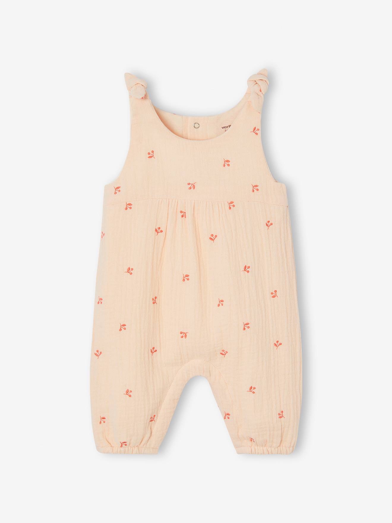Combinaison bébé naissance brodée en gaze de coton rose pâle