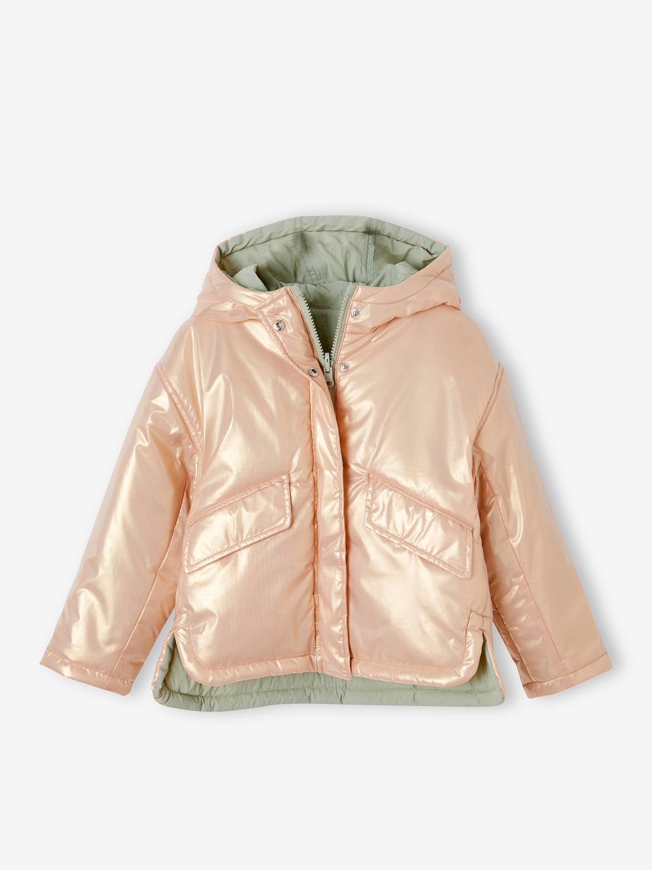 Parka à capuche réversible fille vert sauge/ rose