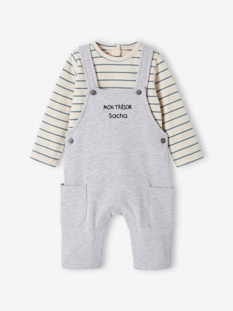 Ensemble bébé T-shirt et salopette en molleton personnalisable bleu grisé+caramel+gris chiné 31 - vertbaudet enfant 