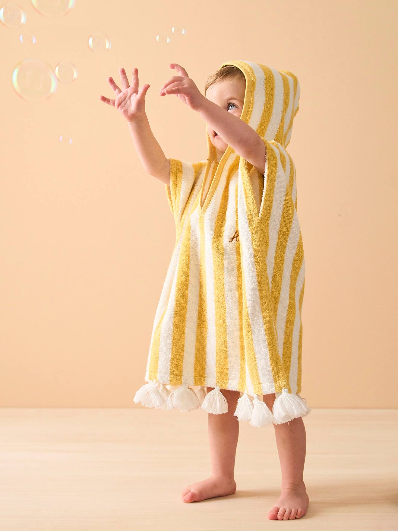 poncho de bain bébé à rayures personnalisable rayé jaune