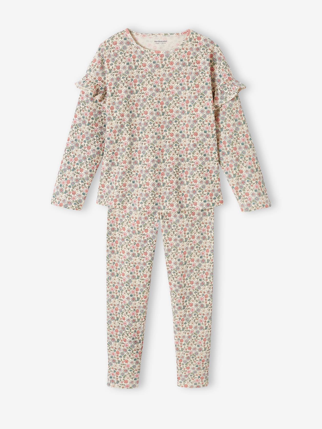 pyjama fille en maille côtelée imprimé fleuri écru