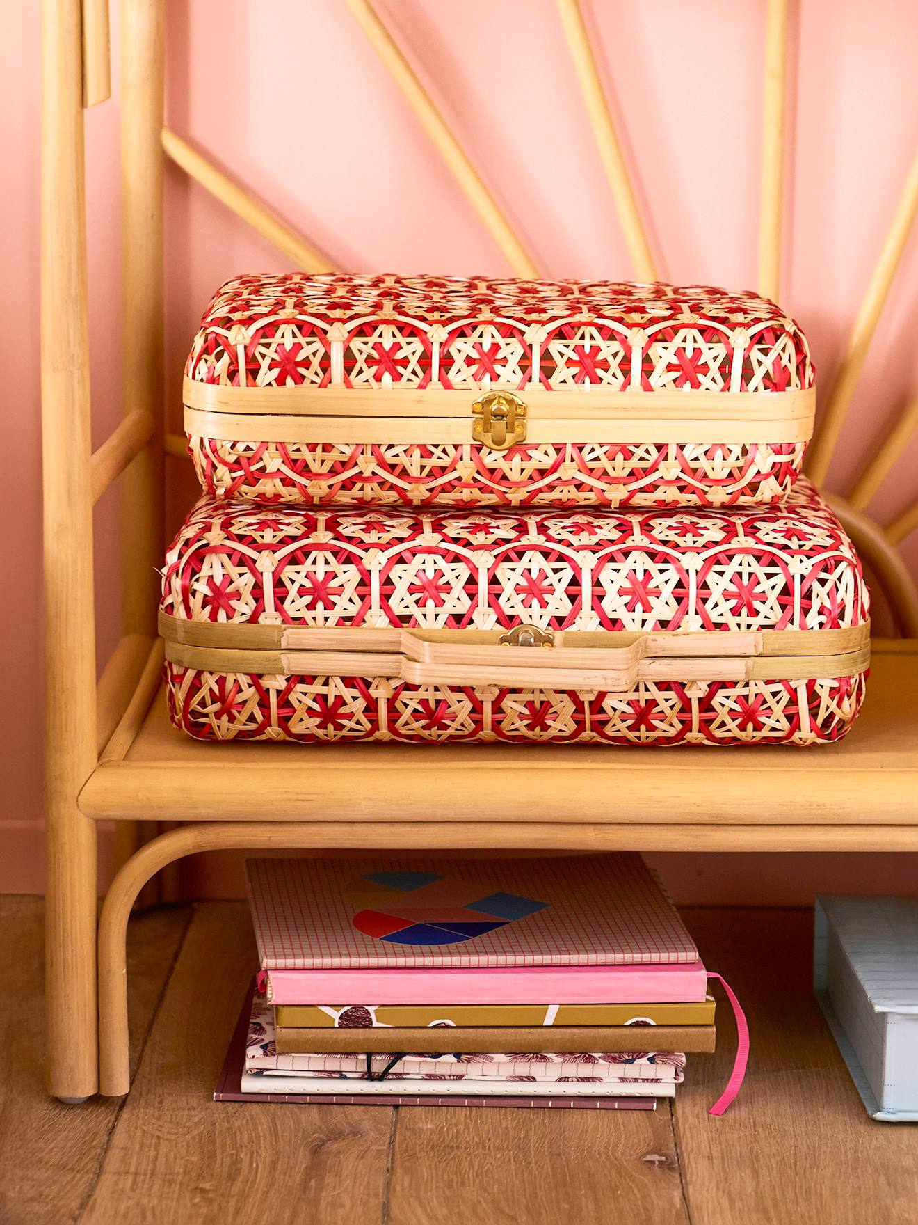 Lot de 2 valisettes bicolores en bambou rose
