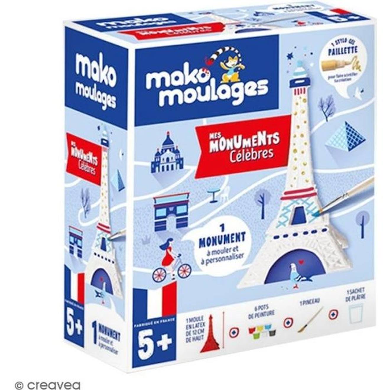 Coffret moulage en plâtre - Ma tour Eiffel - Mako moulages - Bleu et rouge  - Enfant - Mixte bleu - Mako Créations