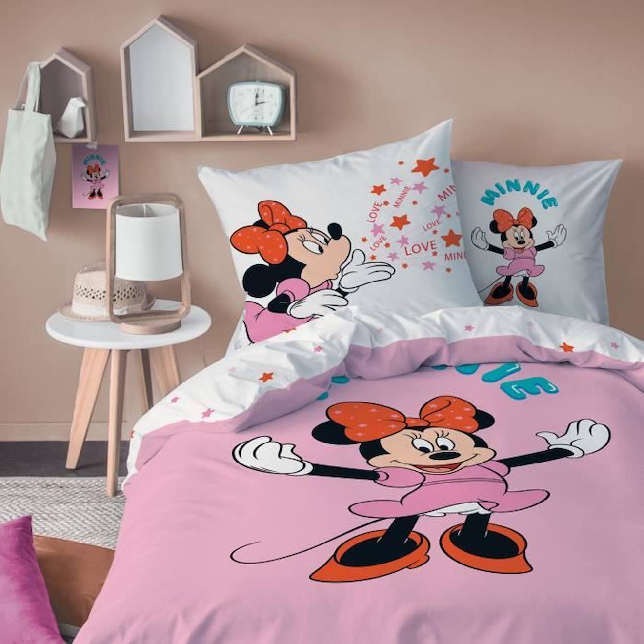 Parure De Lit Imprimée 100% Coton, Disney Home Minnie Happy 140x200+63x63cm Rose