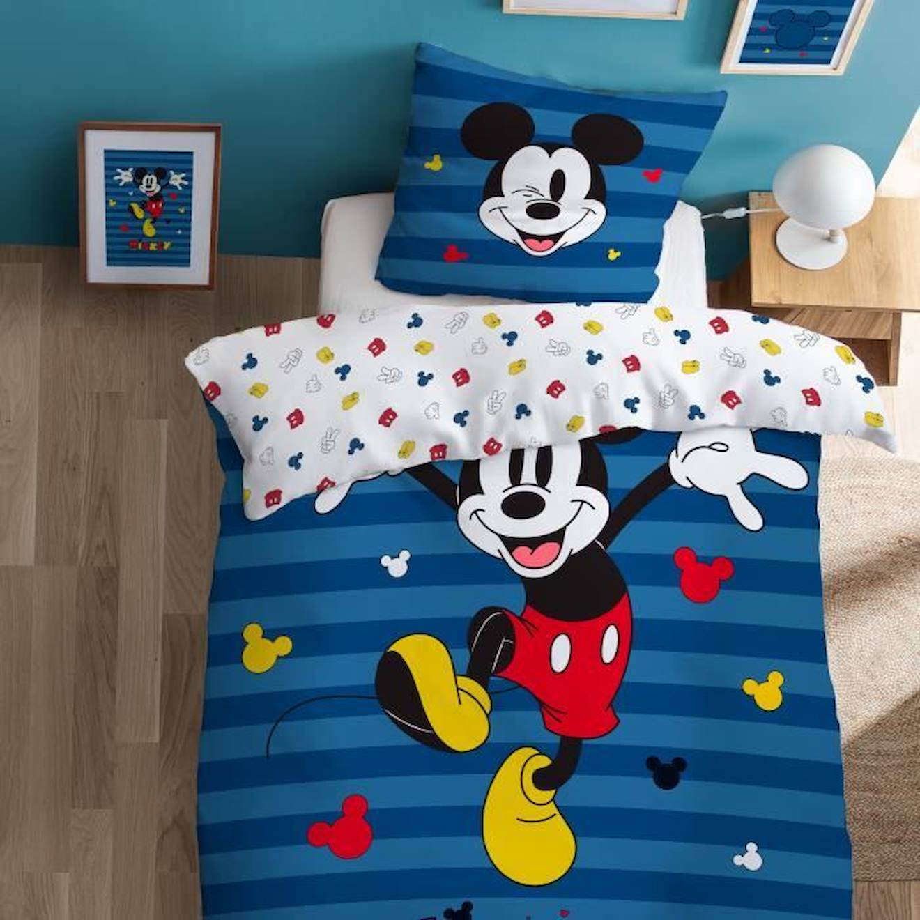 Parure De Lit Imprimée 100% Coton, Disney Home Mickey Stripes 140x200+63x63cm Bleu