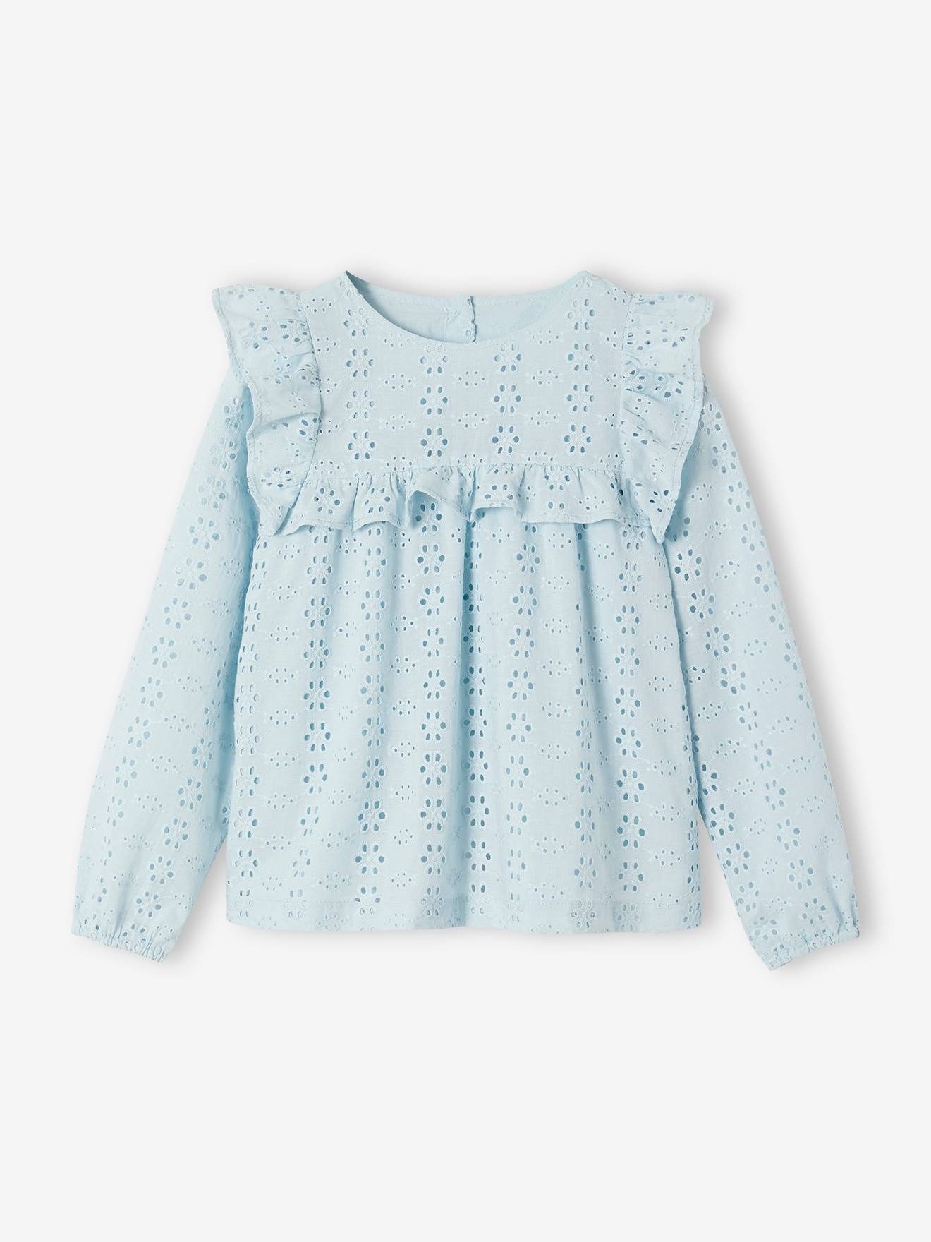 Blouse à volants en broderie anglaise fille bleu ciel