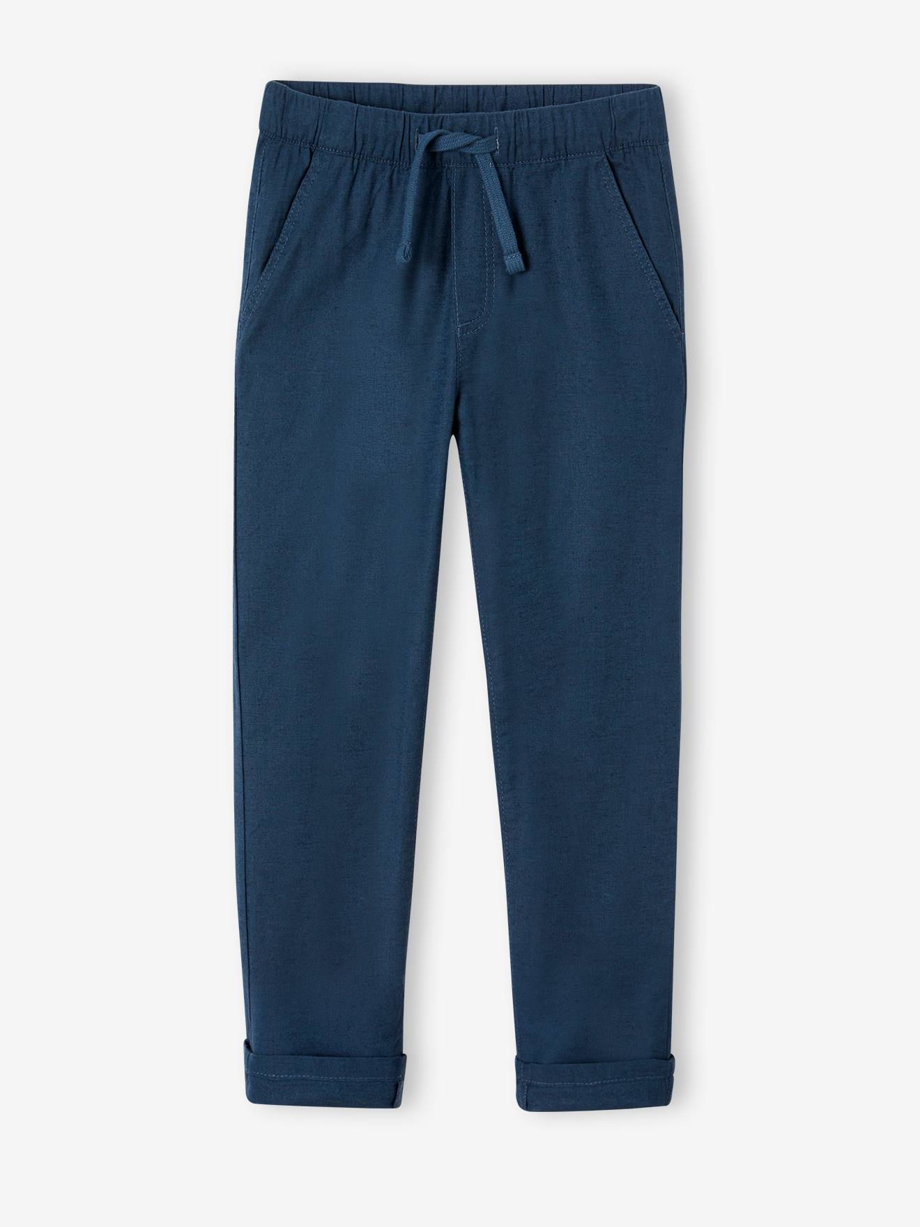 Pantalon léger garçon en coton/lin bleu nuit