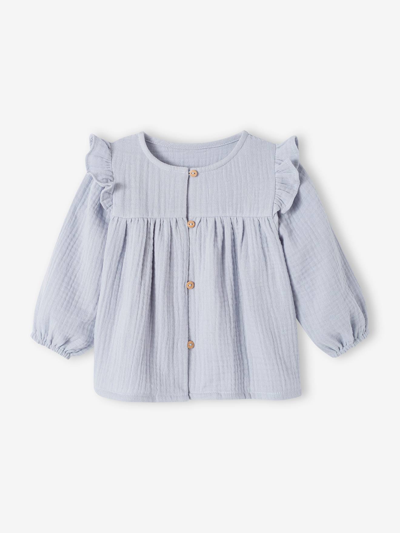 Blouse à volants bébé en gaze de coton bleu glacier