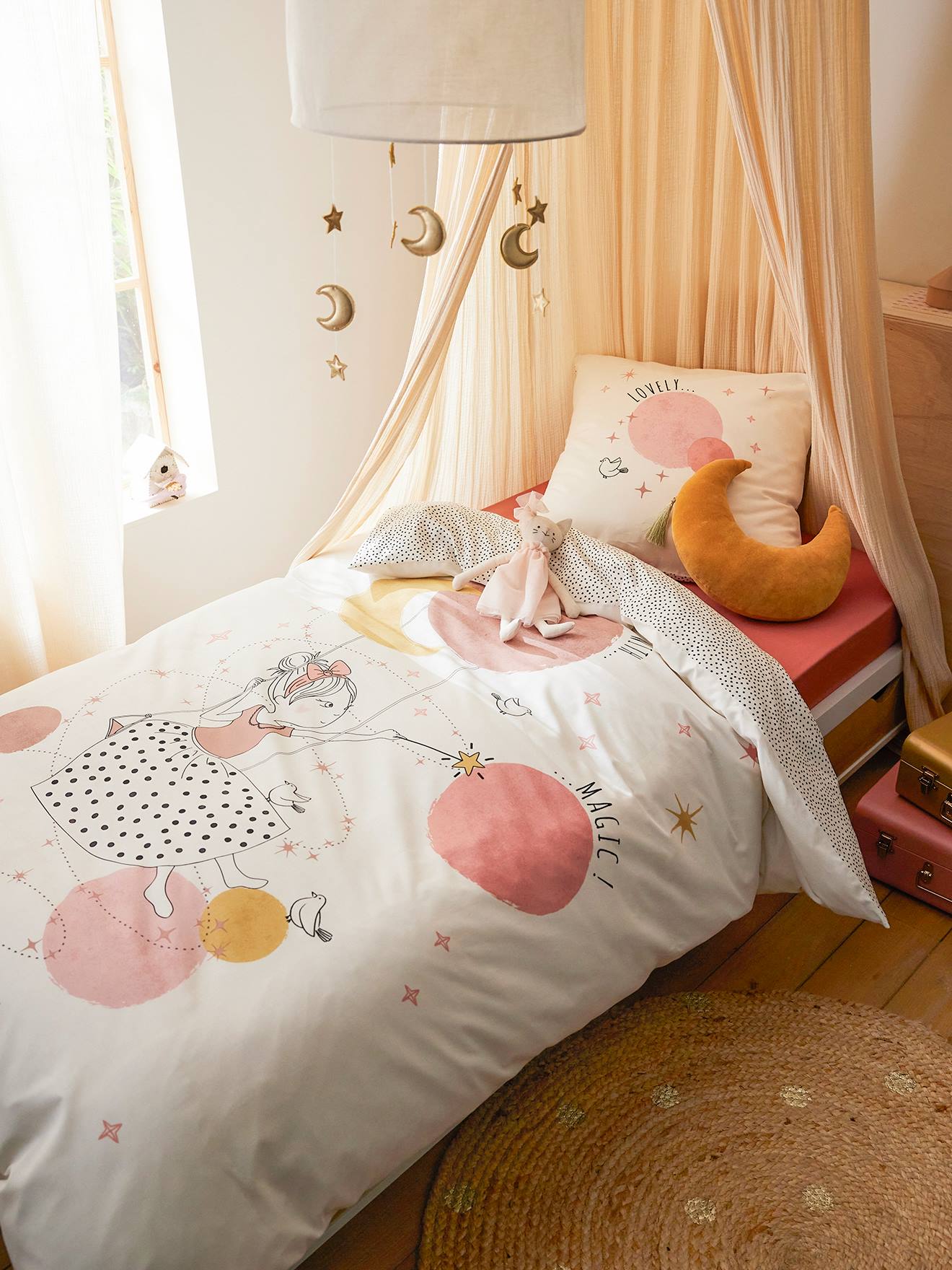 Parure housse de couette enfant et taie d'oreiller avec coton recyclé PRINCESSE POESIE blanc imprimé