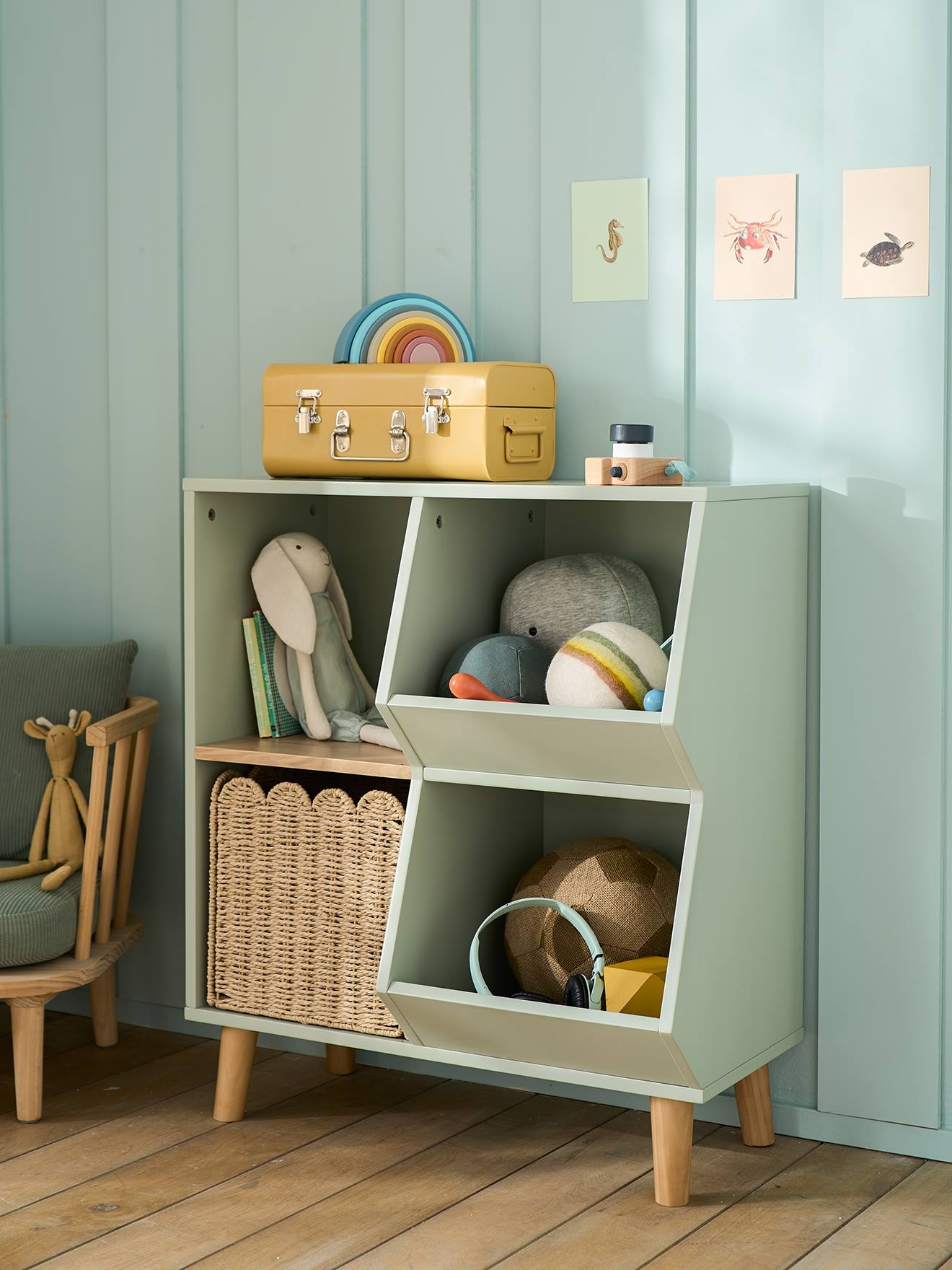 Rangements à case mix livres et jouets vert