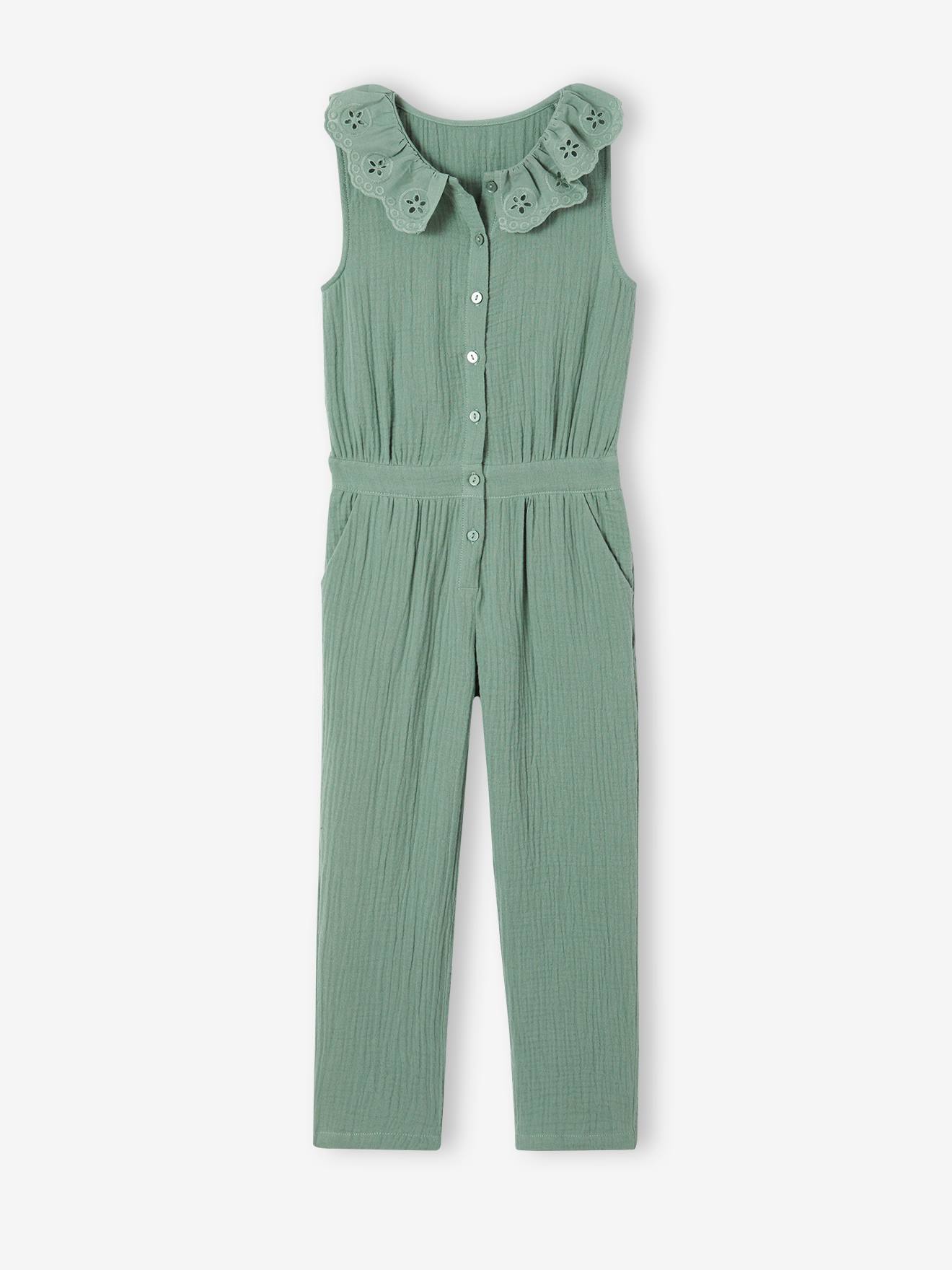 Combinaison longue cérémonie en gaze de coton fille col en broderie anglaise vert sauge
