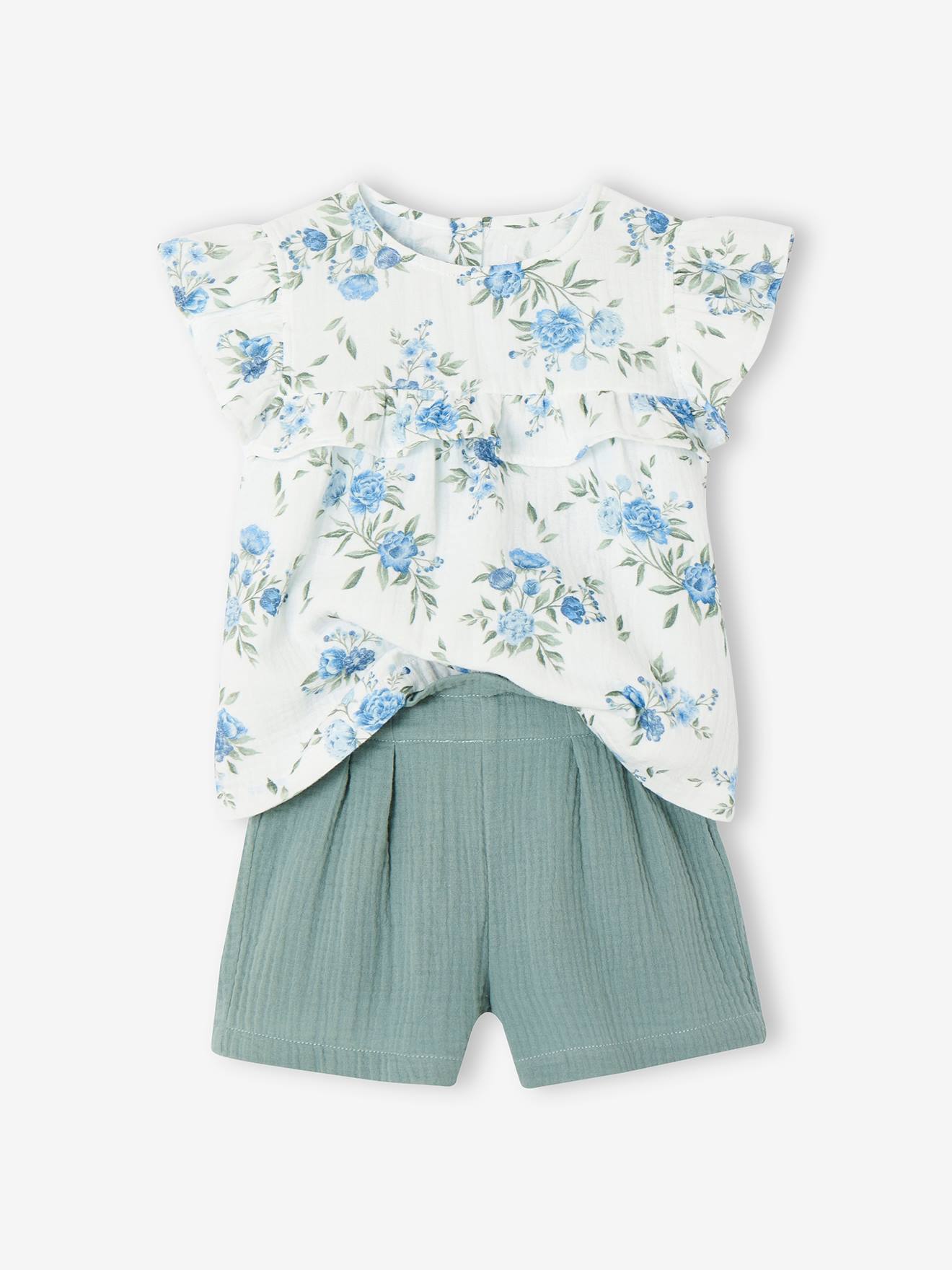 Ensemble de cérémonie fille blouse volantée et short en gaze bleu imprimé