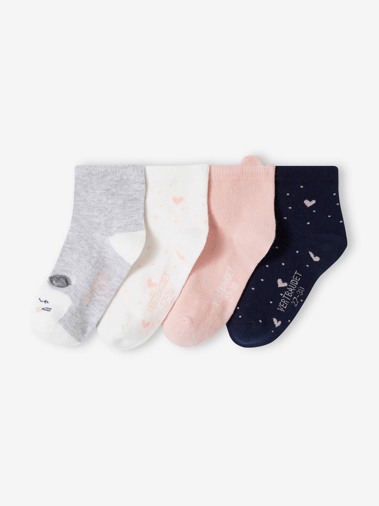 Lot de 4 paires de chaussettes chat et coeurs fille rose