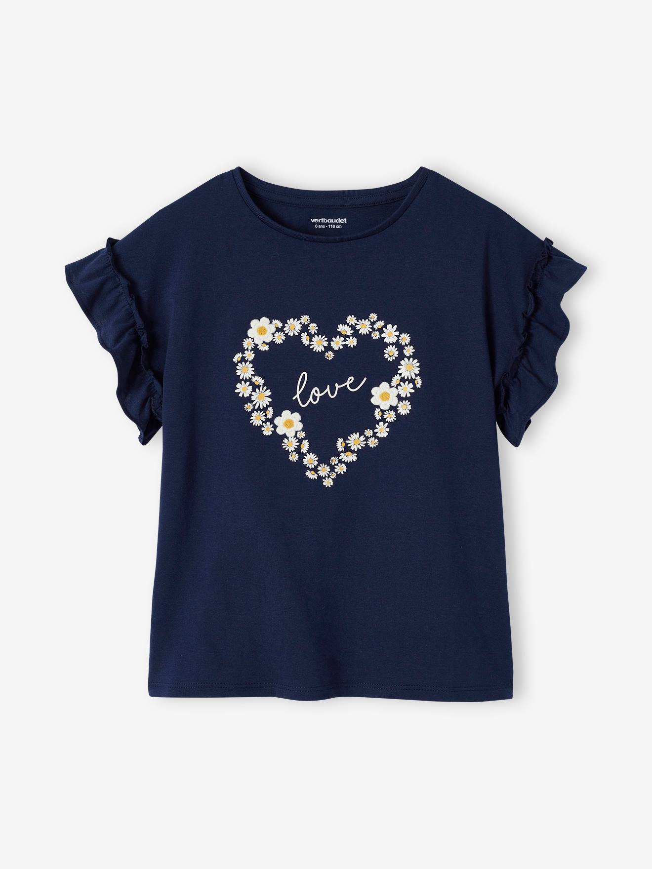 T-shirt fille motif fantaisie manches courtes volantées marine