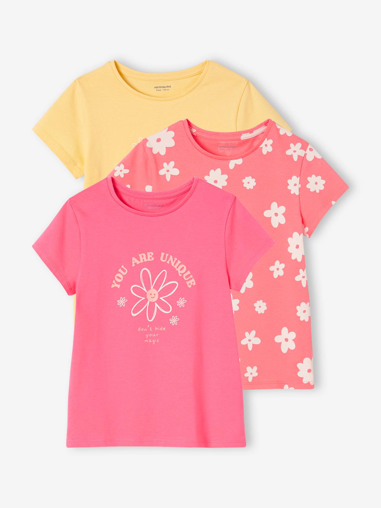 Lot de 3 t-shirts Basics détails irisés fille jaune pastel