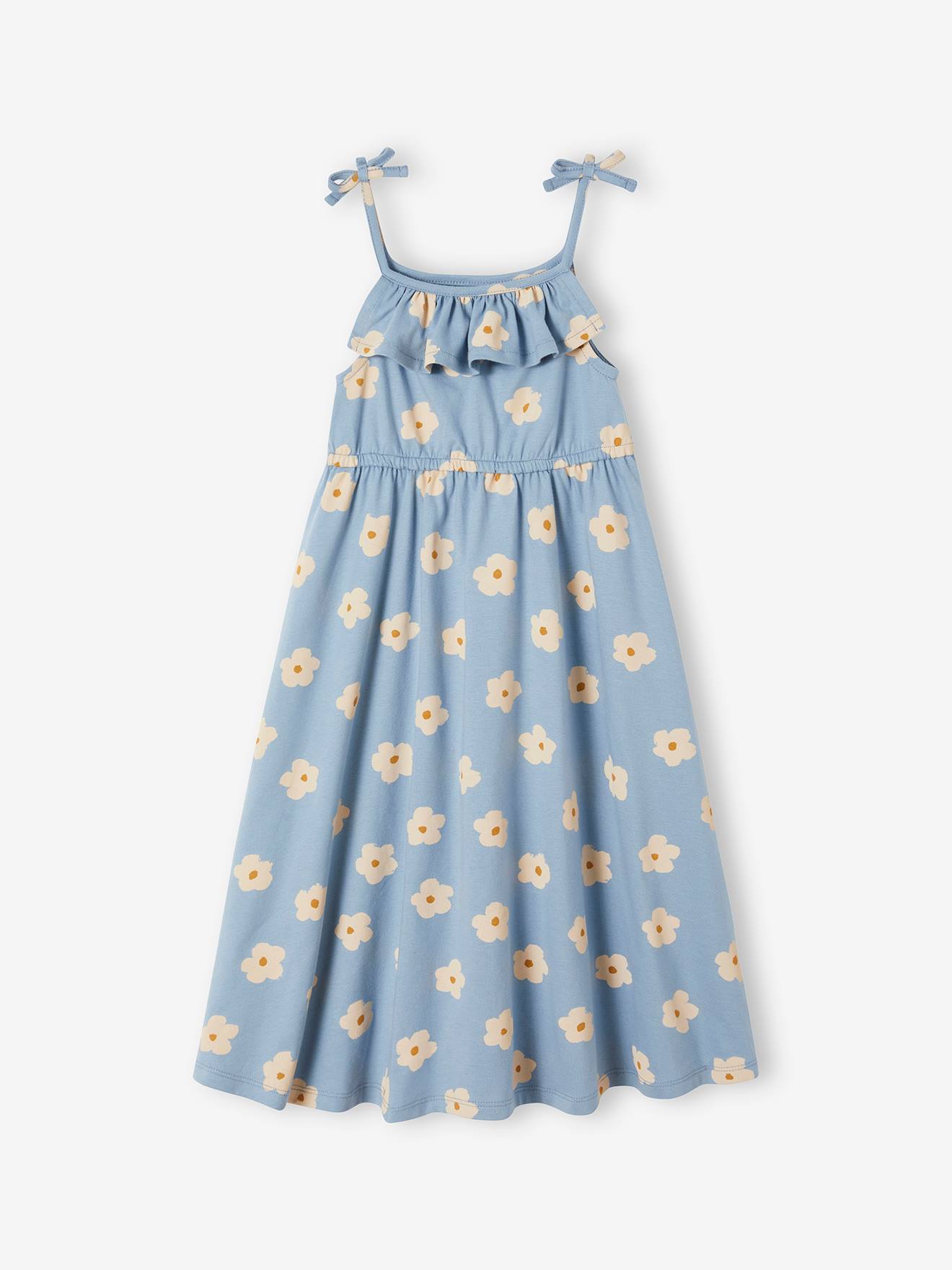 Robe mi-longue à bretelles imprimée fille bleu