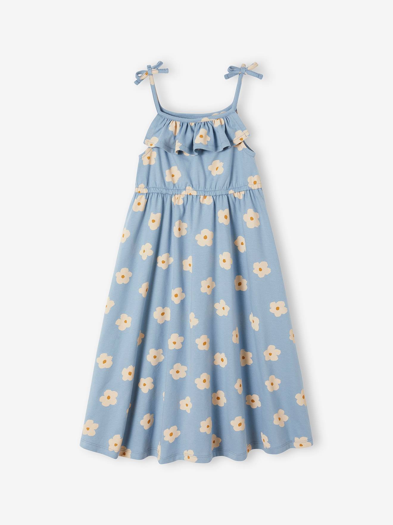 robe mi-longue à bretelles imprimée fille bleu