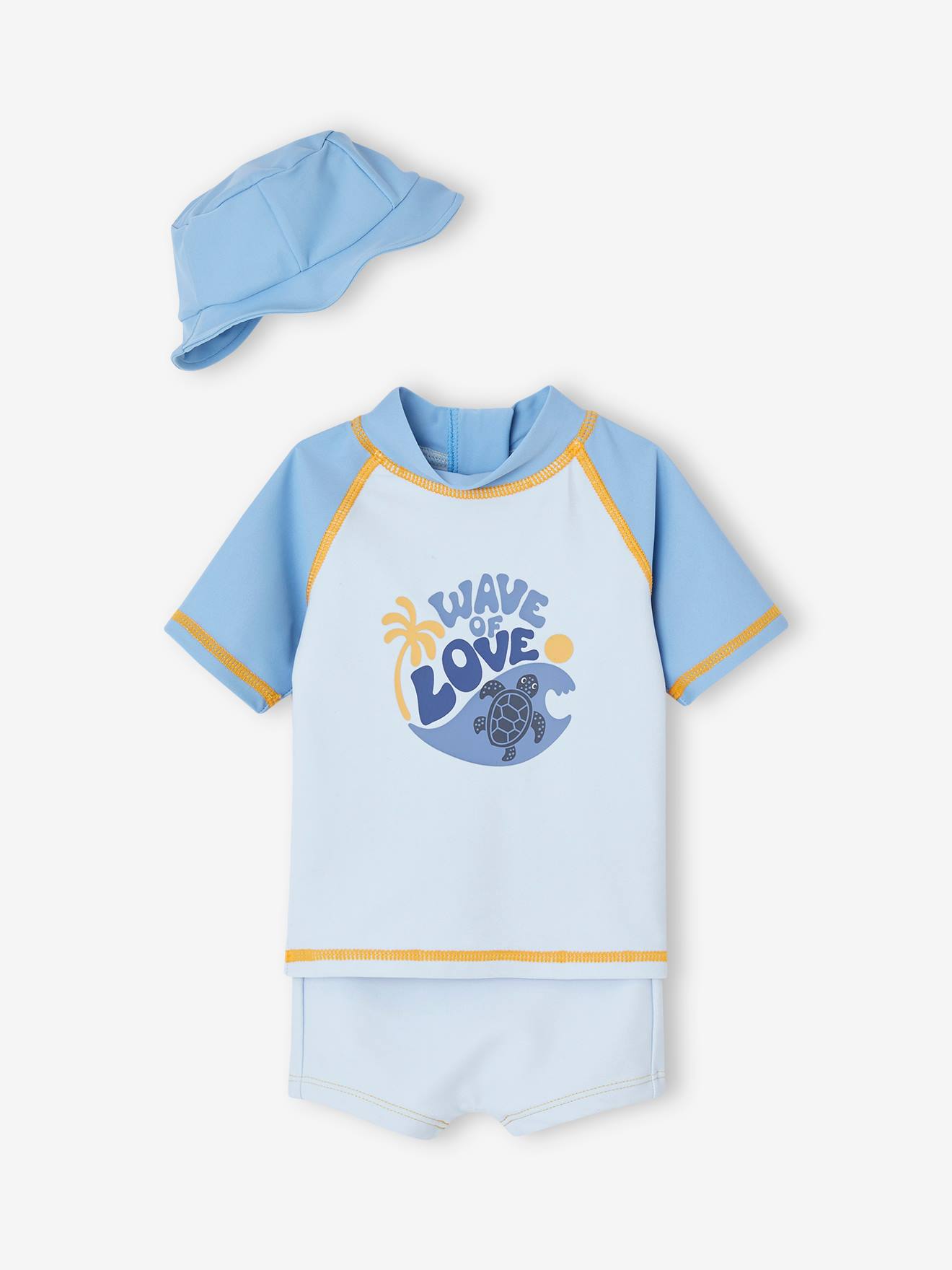 Vertbaudet - Ensemble de bain T-shirt anti-UV + boxer + bob bébé garçon bleu océan