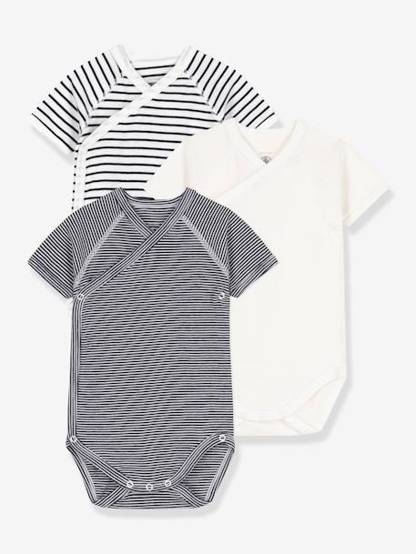 Petit Bateau - LOT DE 3 BODIES CROISÉS MANCHES COURTES RAYURES BÉBÉ EN COTON