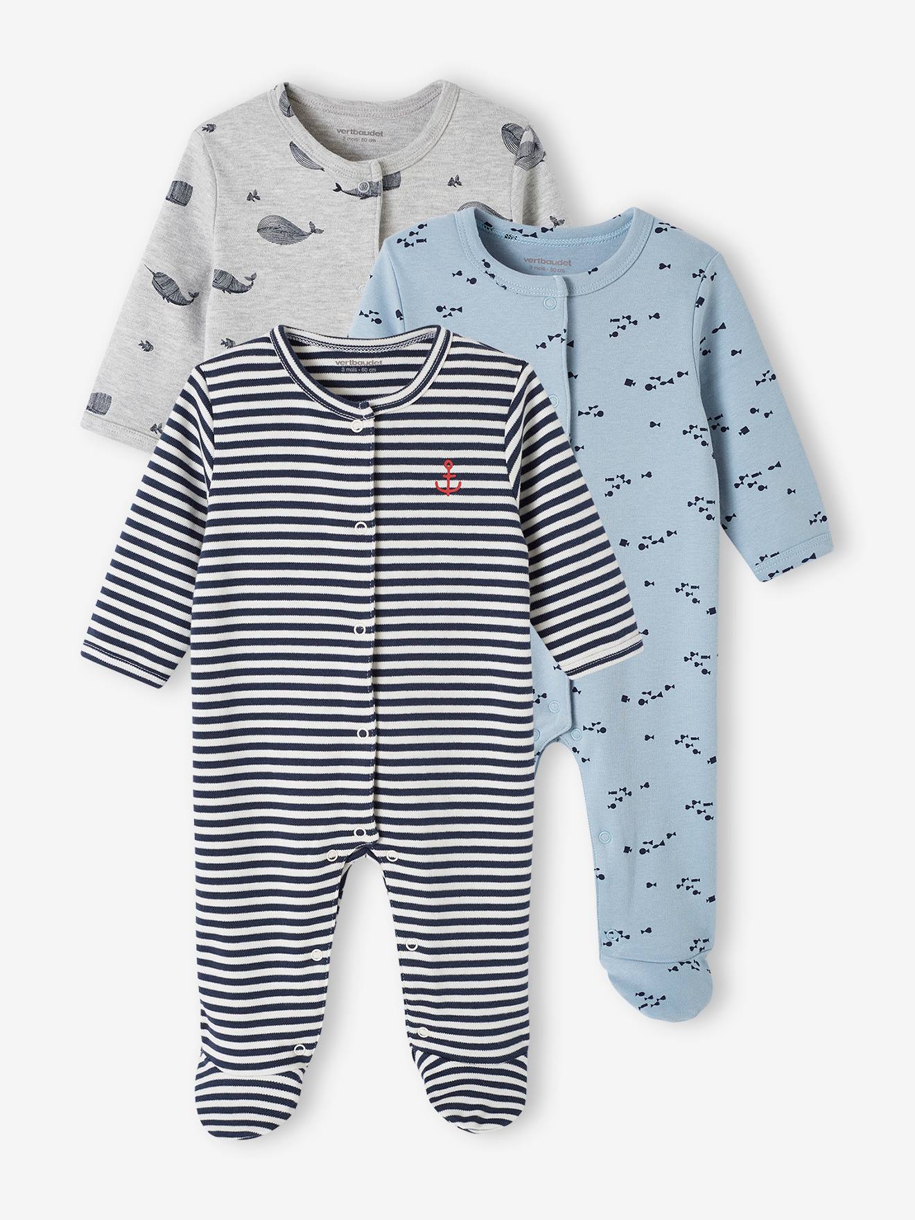 Lot de 3 dors-bien en interlock bébé ouverture naissance bleu nuit