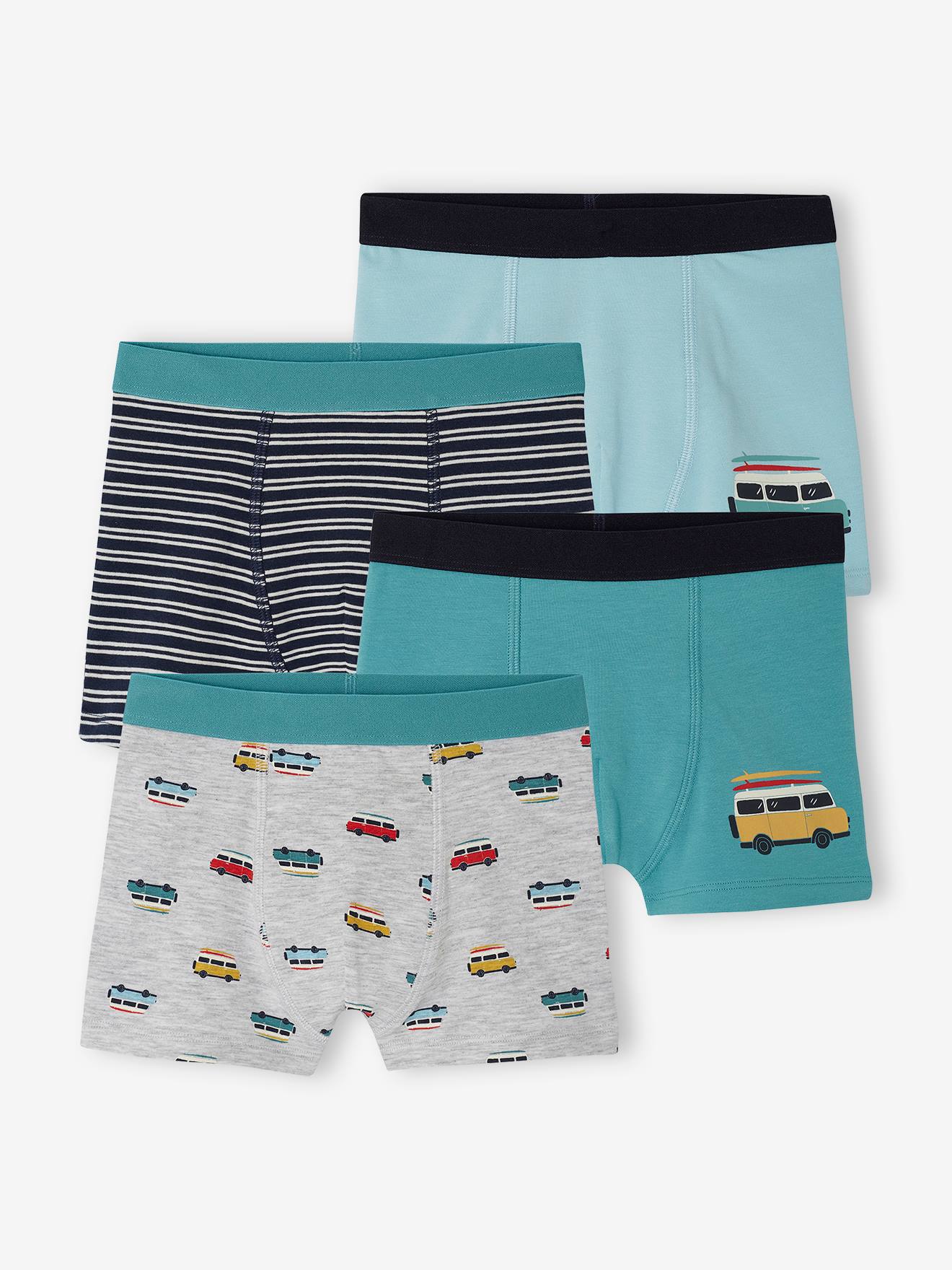 Lot de 4 boxers stretch van garçon en coton bio vert d'eau