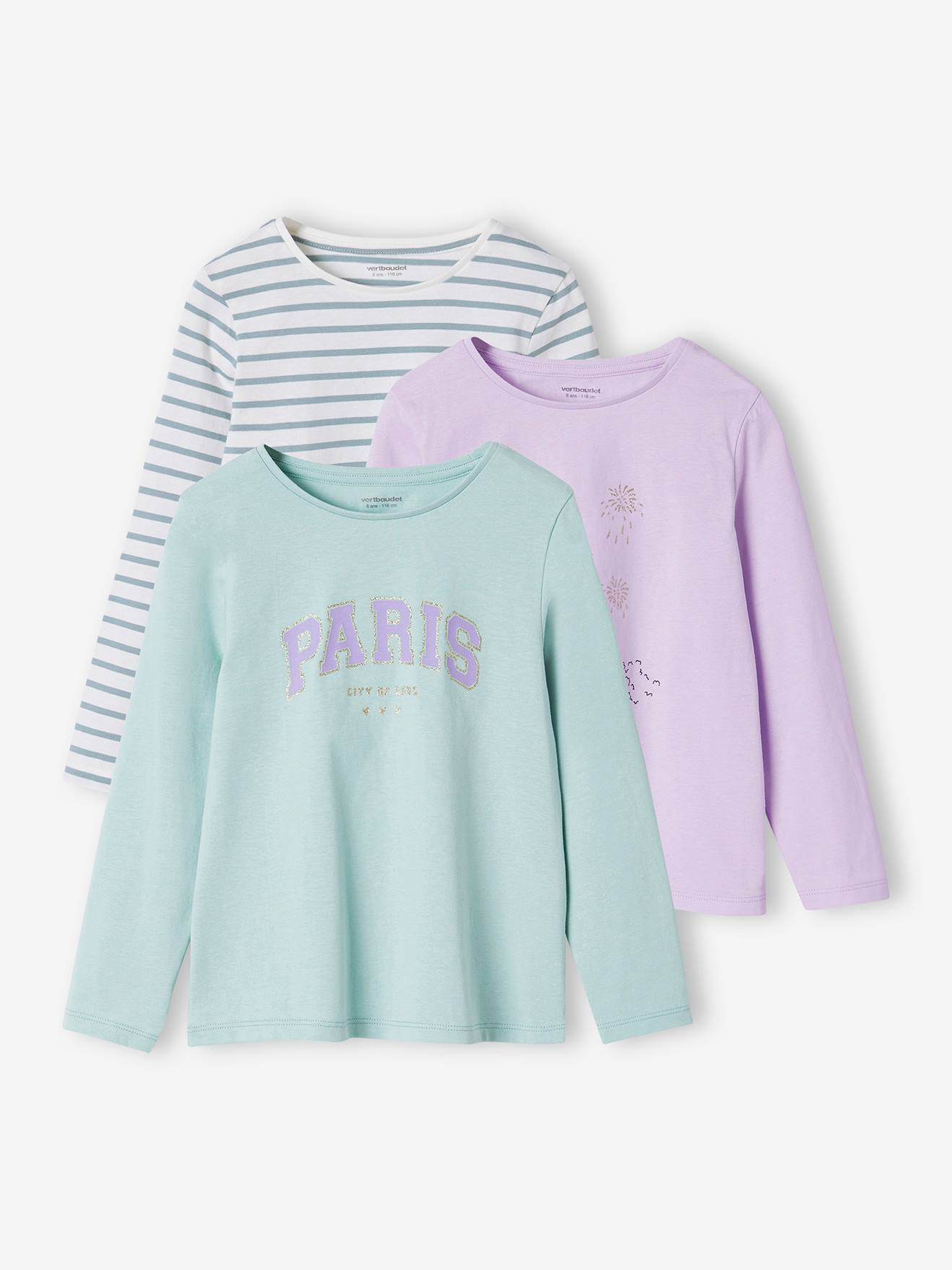 Lot de 3 t-shirts Basics fille manches longues bleu grisé