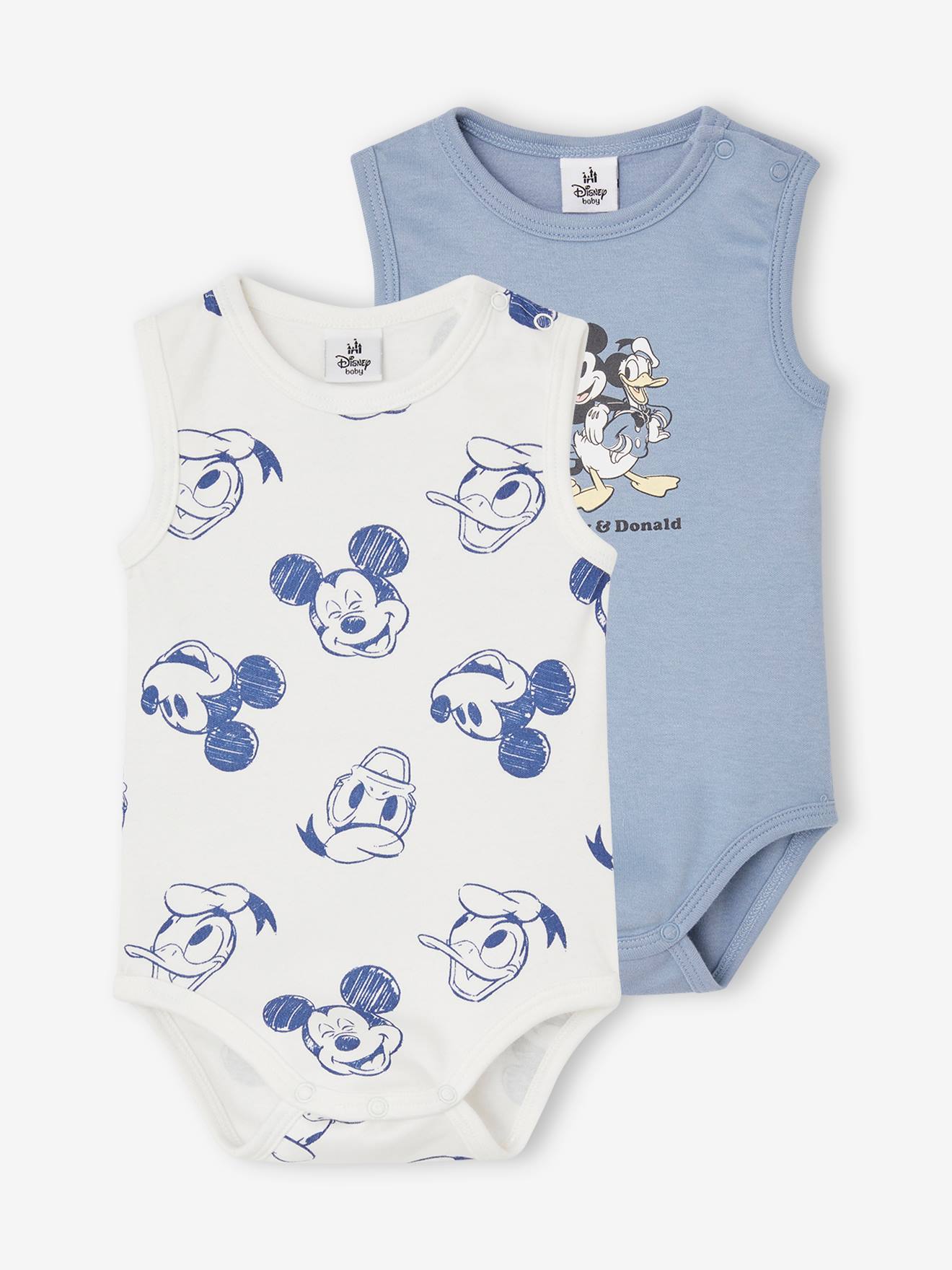 Lot de 2 bodies bébé sans manches Disney® Mickey et Donald bleu ciel + blanc