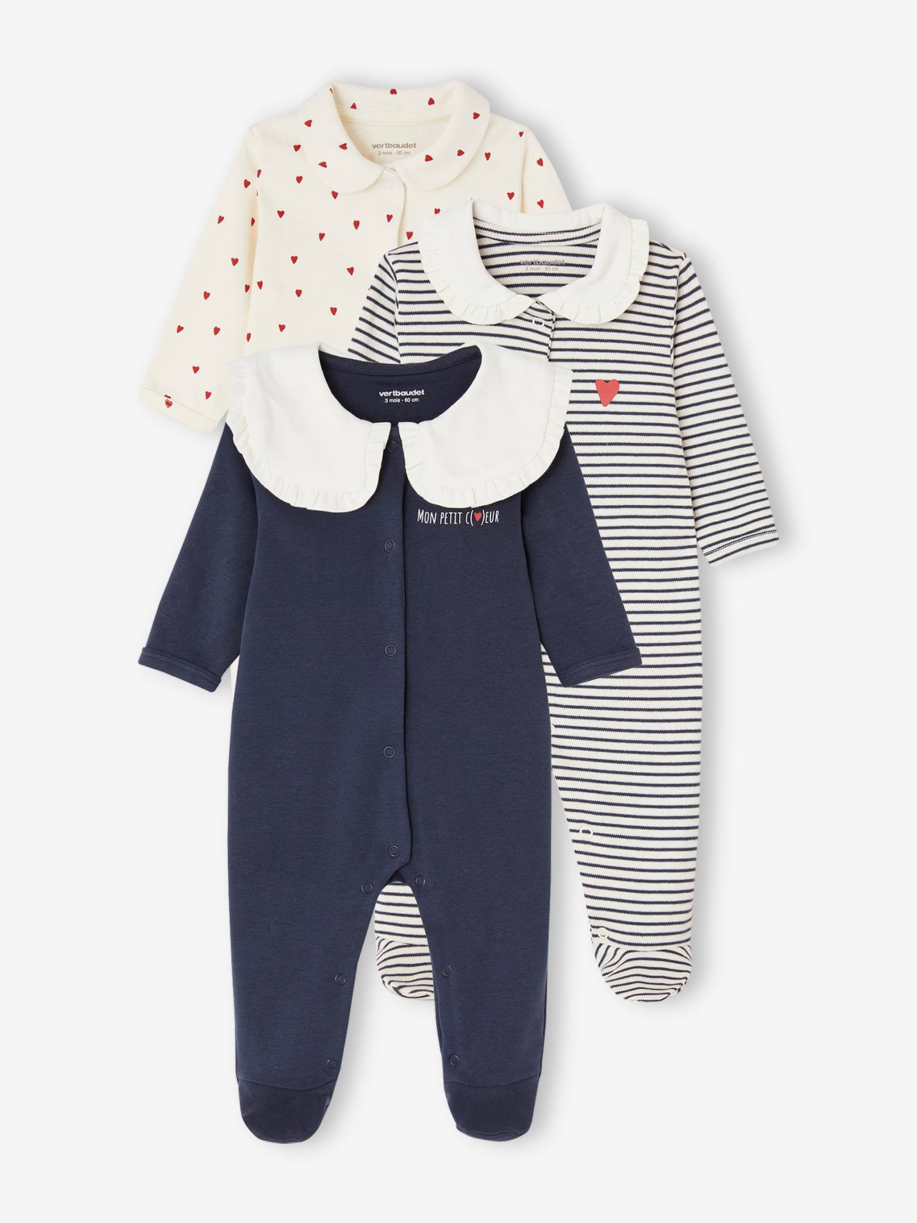 Lot de 3 dors-bien coeur bébé en interlock bleu nuit