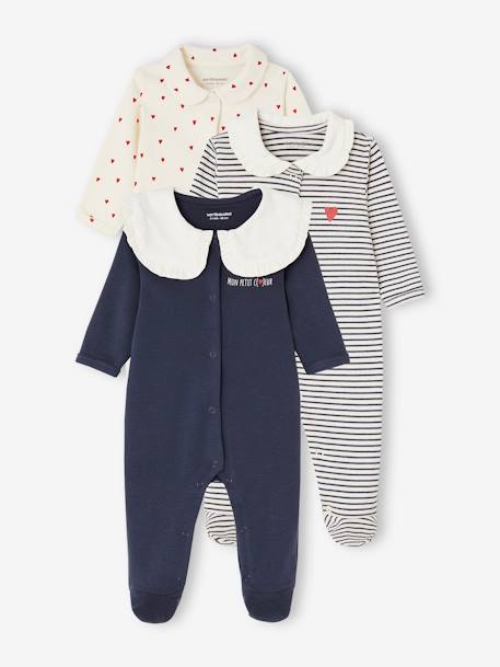 Vertbaudet - Lot de 3 dors-bien "coeur" bébé en interlock bleu nuit