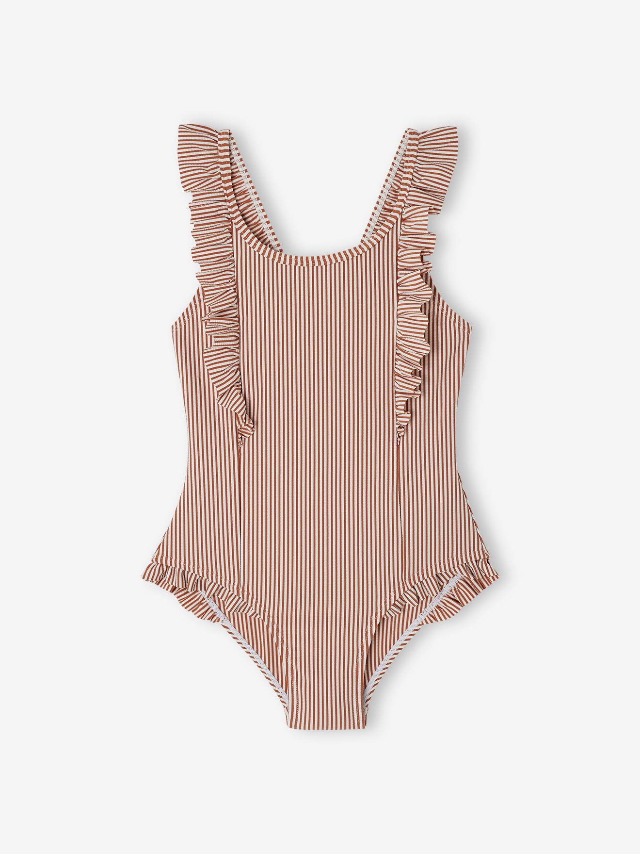 Maillot de bain rayé 1 pièce fille terracotta