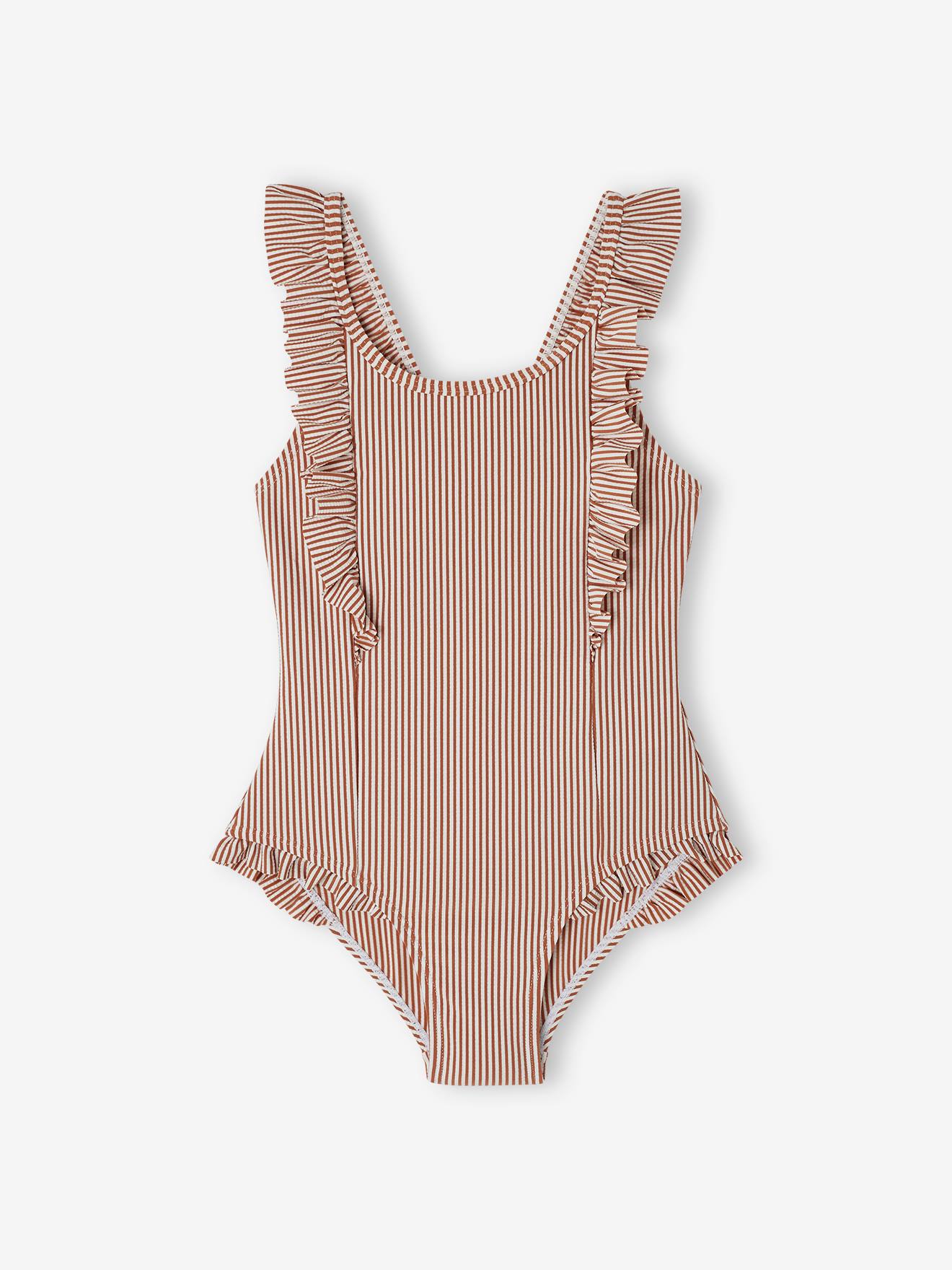 maillot de bain rayé 1 pièce fille terracotta