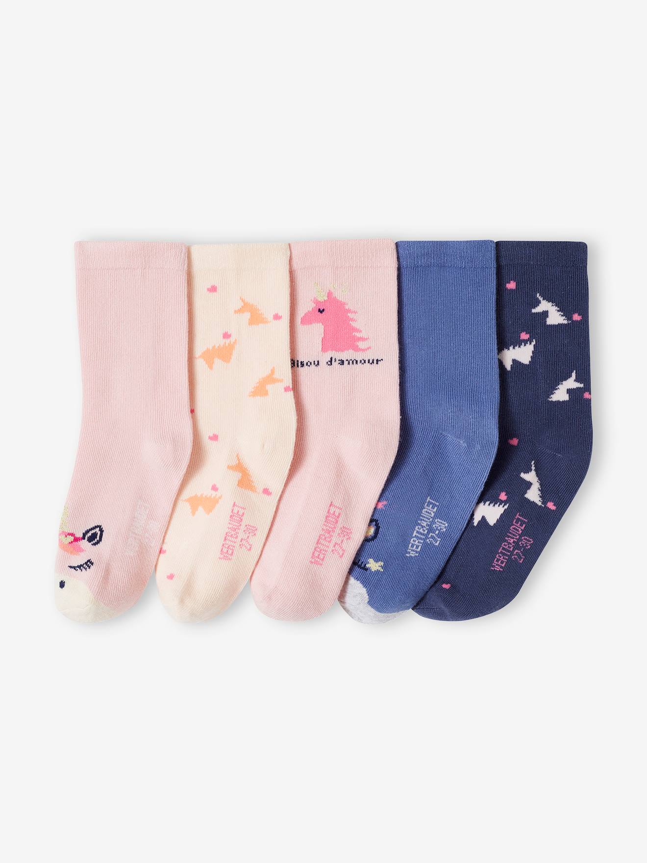 Vertbaudet - Lot de 5 paires de chaussettes licornes et coeurs fille rose