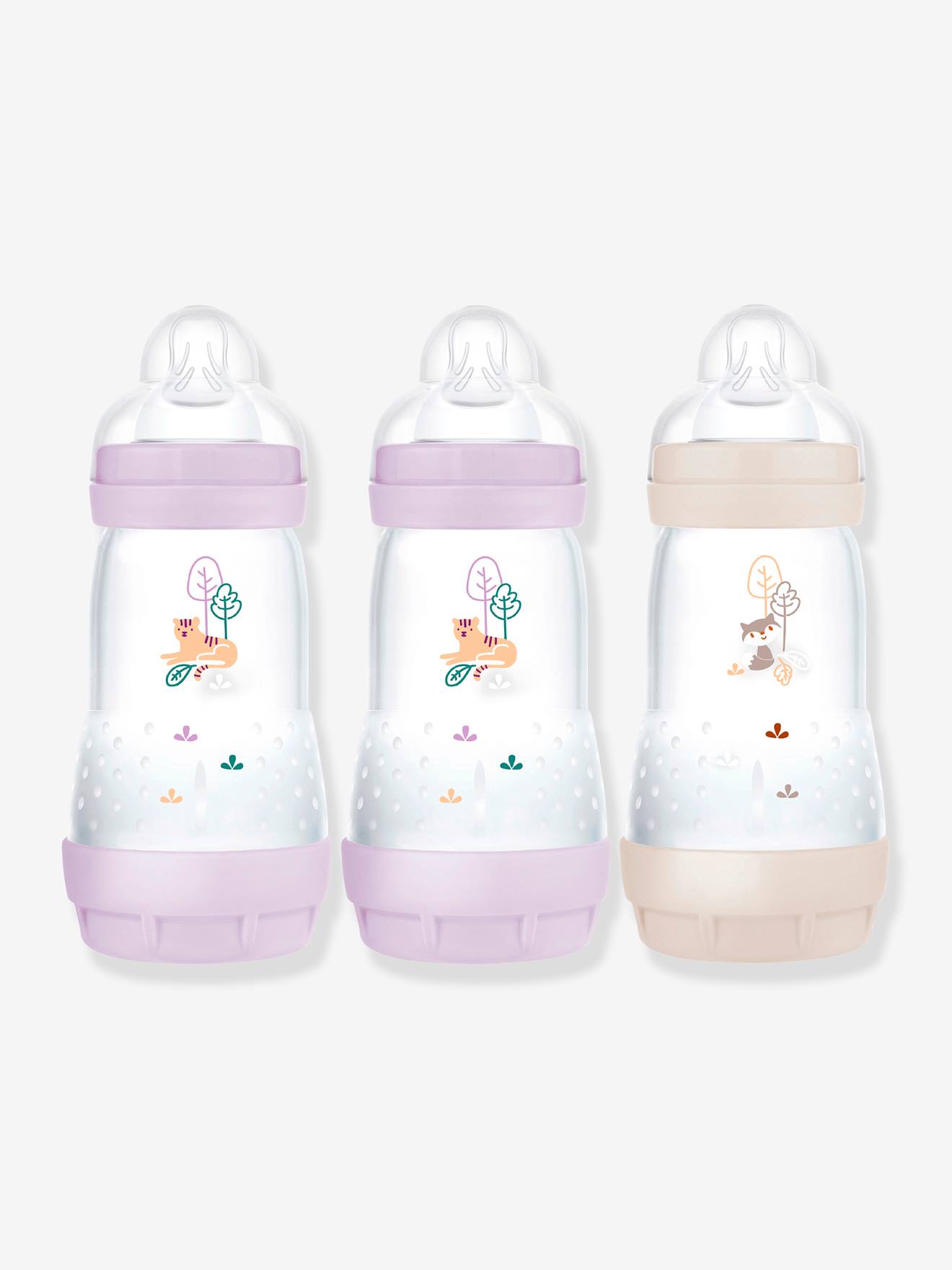 Lot de 3 biberons 260 ml MAM Easy Start anti-colique Nature Guardian 2 lilas + 1 sable