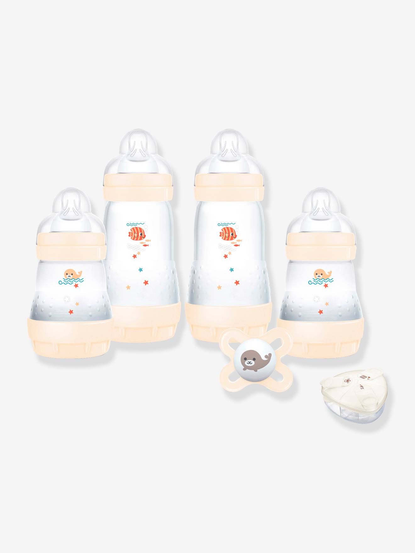 Coffret naissance biberons + sucette + boîte doseuse MAM coton