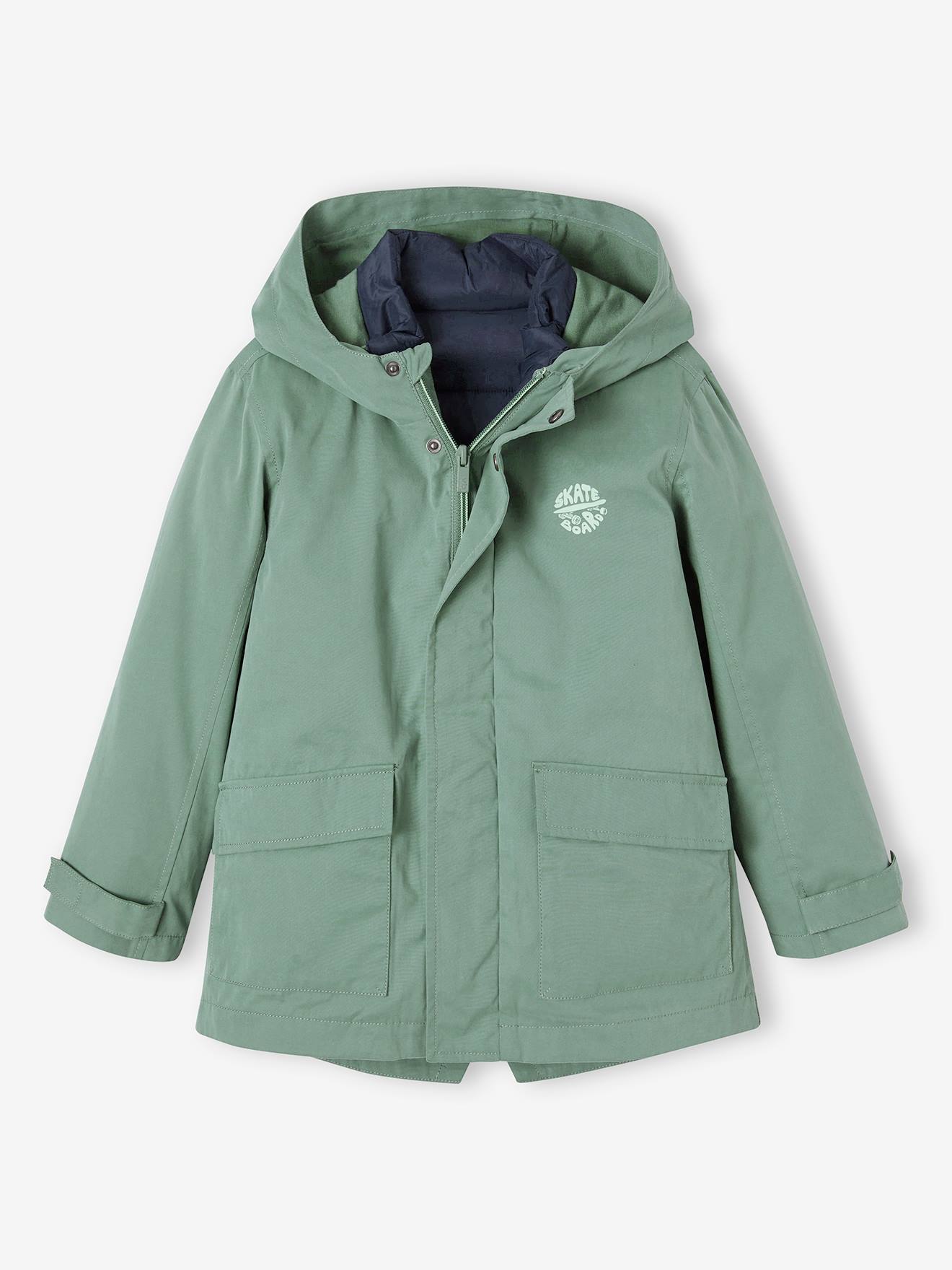 Parka 3 en 1 mi-saison garçon avec doudoune sans manches amovible vert sauge