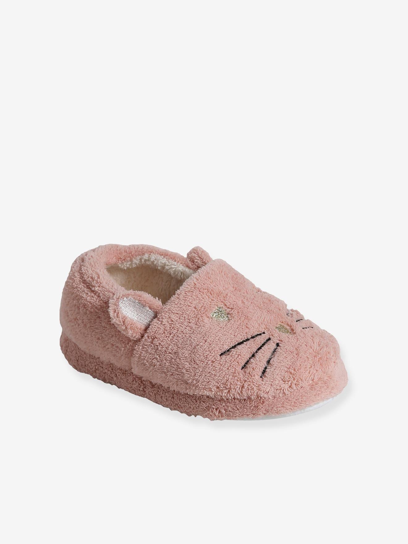 chaussons esprit peluche enfant chat rose