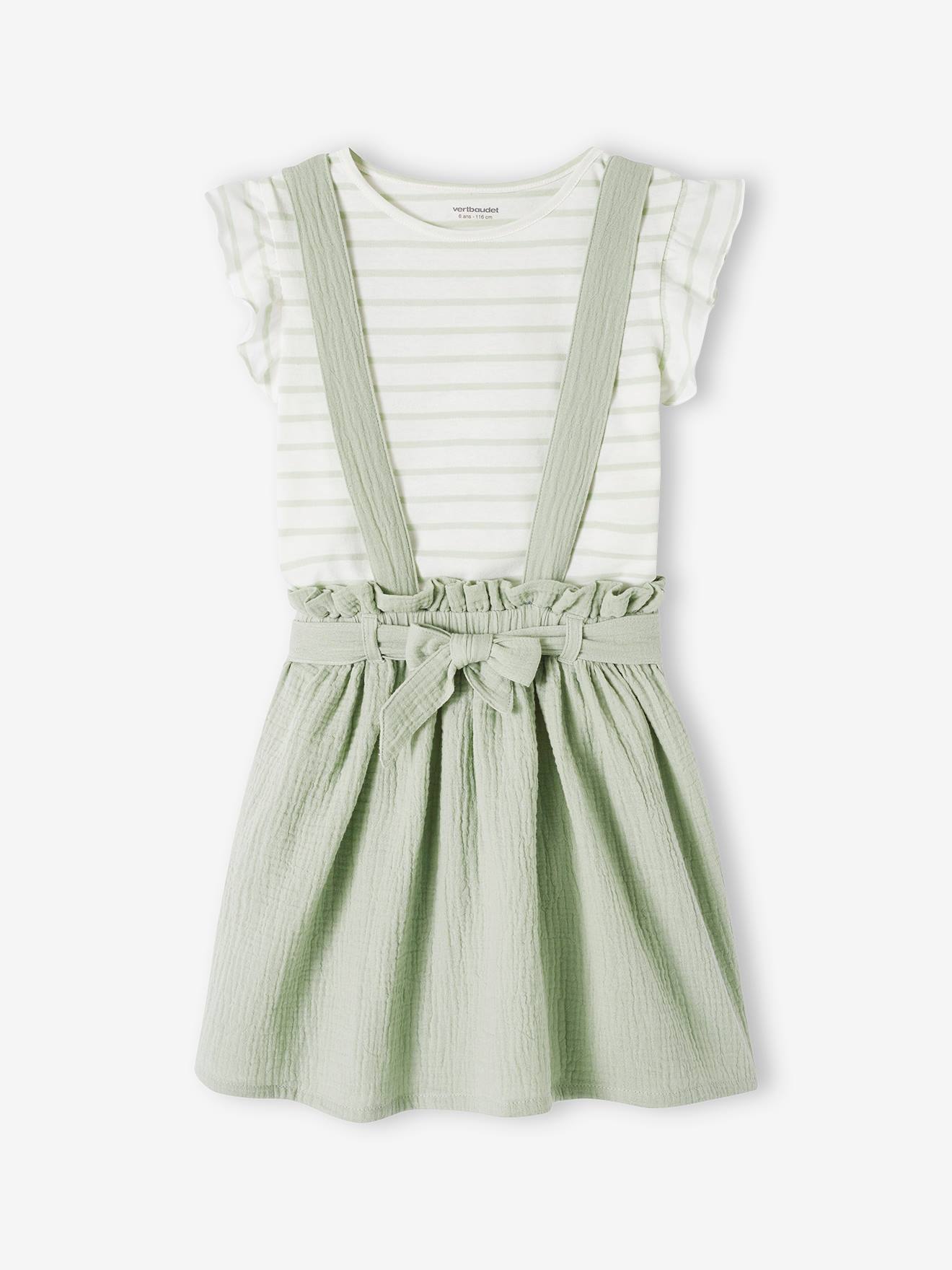 Ensemble fille t-shirt à volants et jupe à bretelles en gaze de coton vert sauge