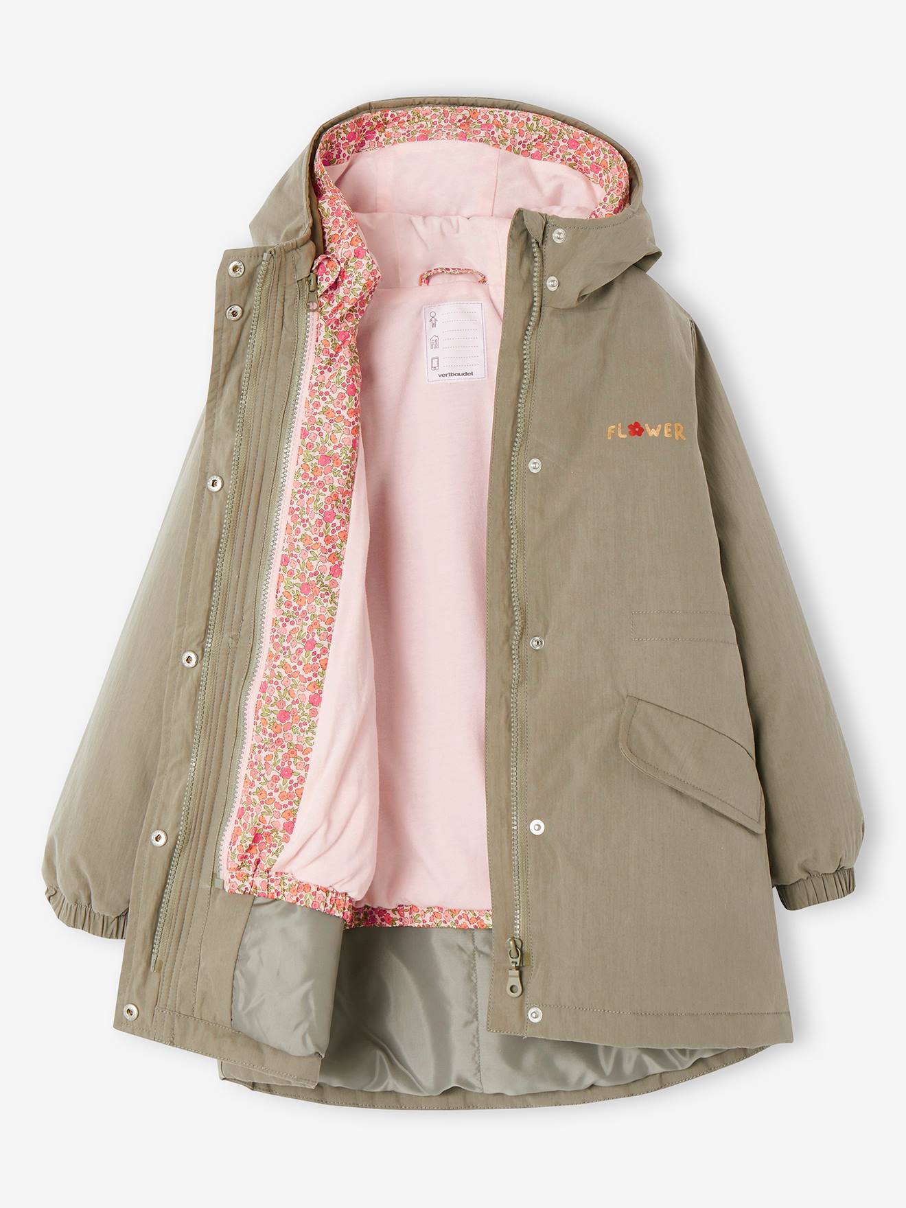 Parka à capuche 3 en 1 mi-saison fille avec coupe-vent amovible kaki