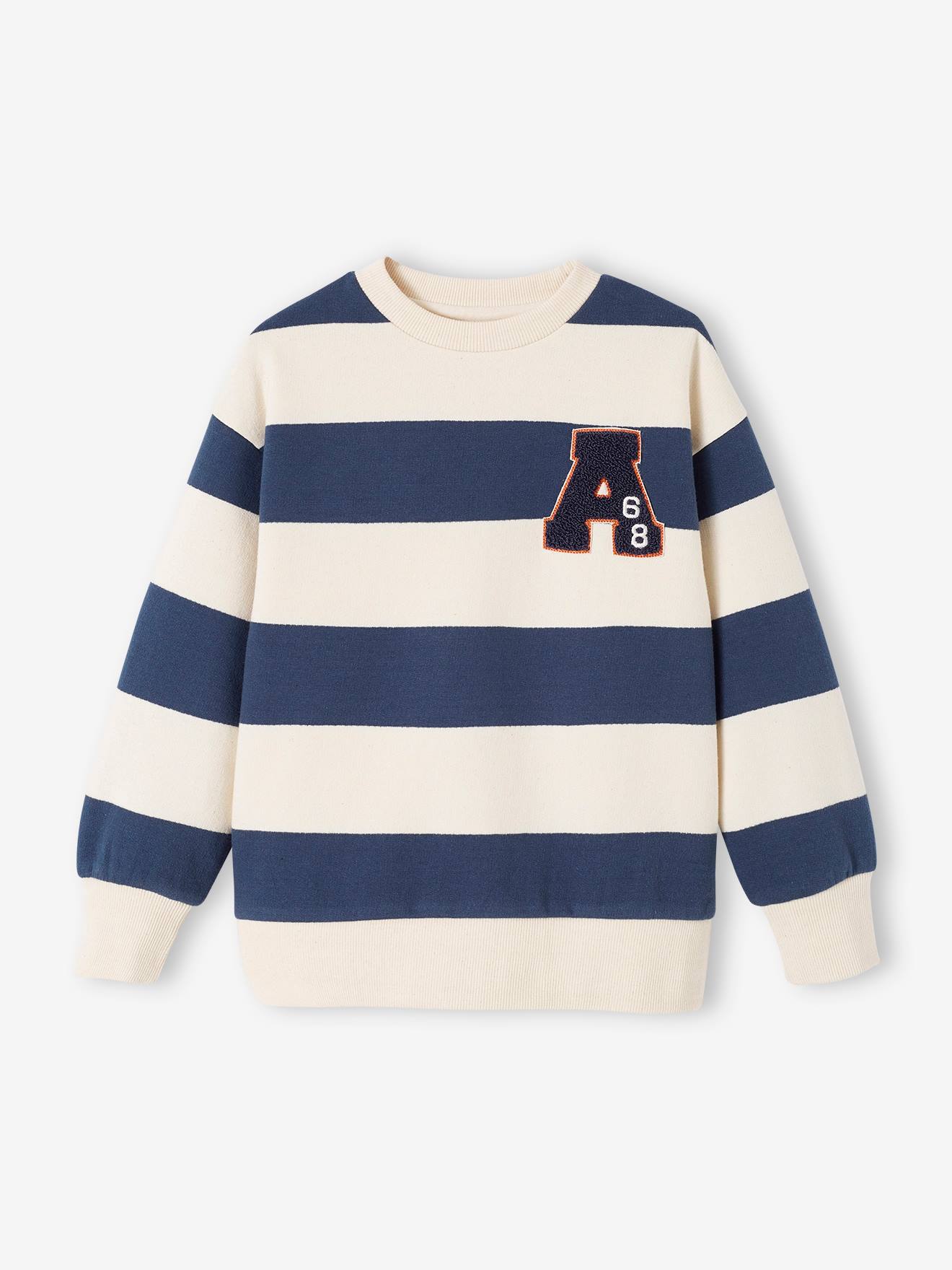 Sweat larges rayures garçon badge en bouclettes bleu nuit