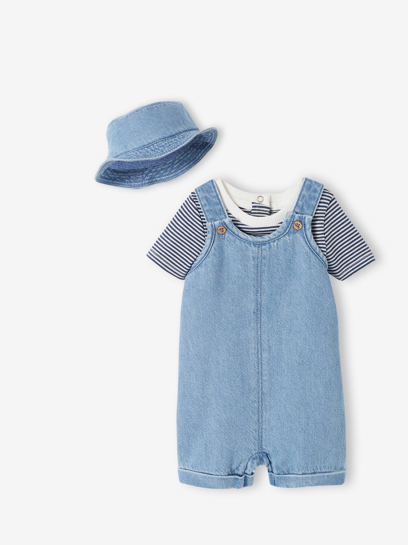 Ensemble naissance : salopette courte, body et bob bébé denim bleached